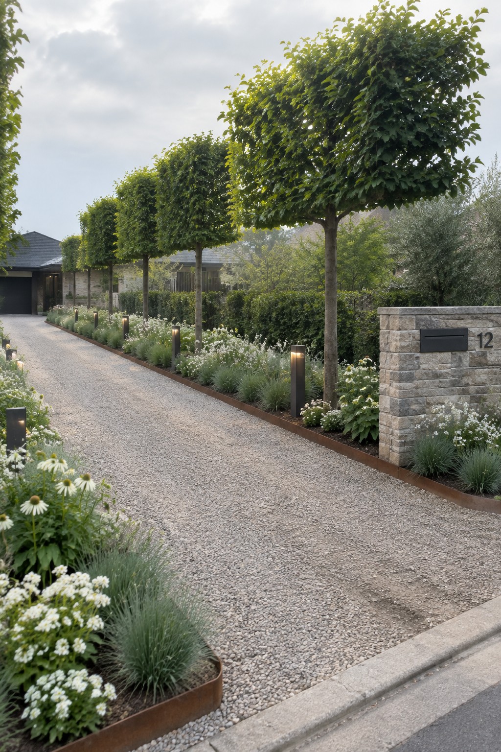 Gravel driveway bordered by long linear planting beds with repeated trees, grasses, and white flowers, ending at a stone pillar marked 12.