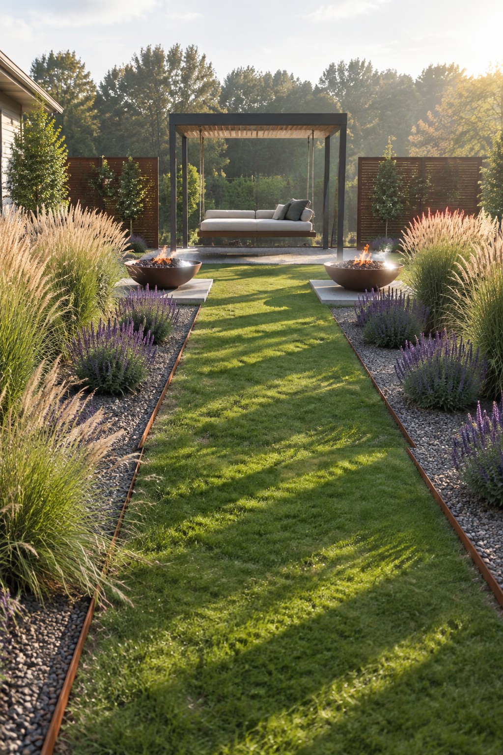 A modern backyard garden features a central grass path bordered by straight linear beds filled with gravel, repeated clusters of purple lavender, and tall ornamental grasses, with two metal fire bowls and a swing structure in the background.