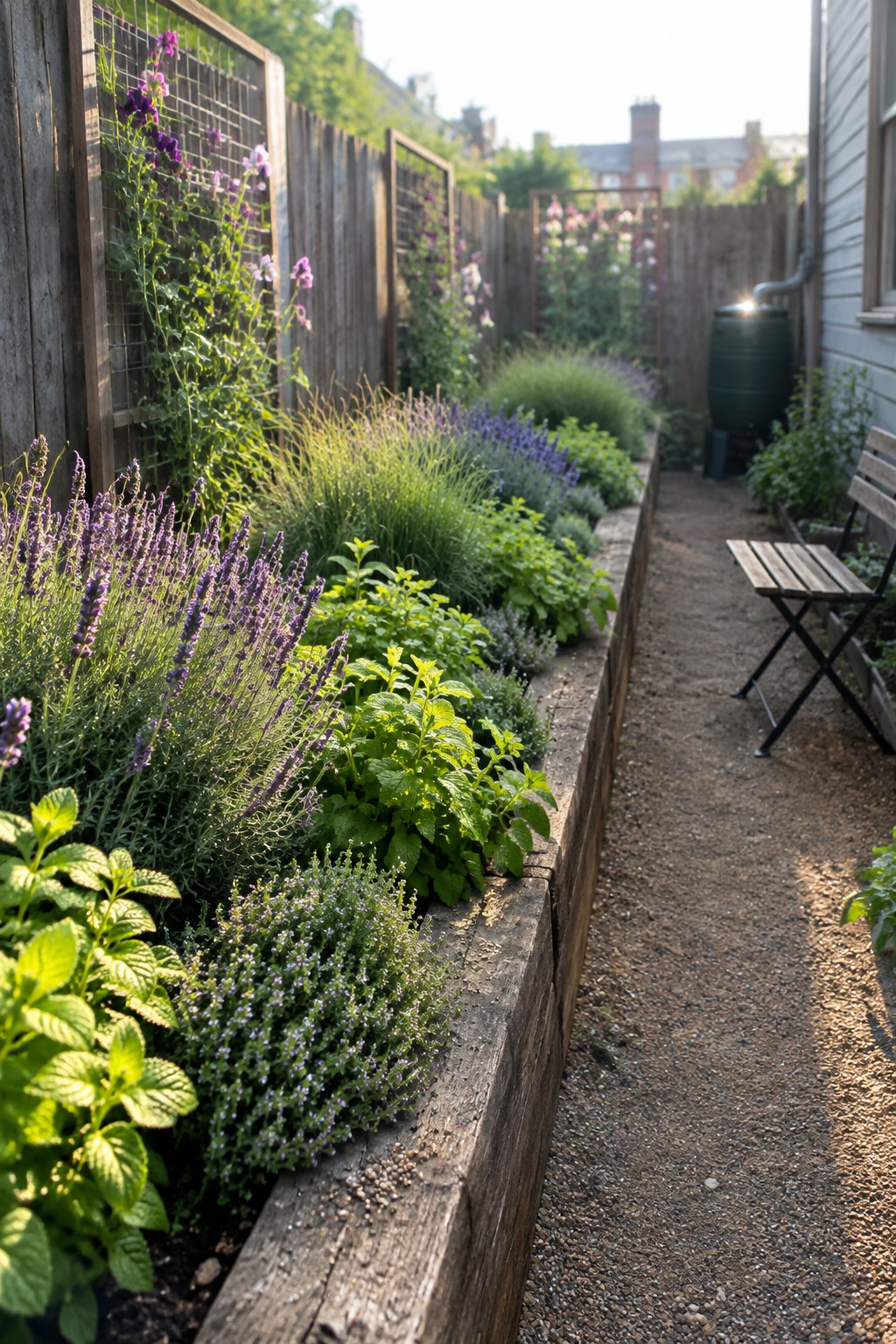 Lush purple lavender and green herbs fill wooden raised bed along gravel garden path with bench.