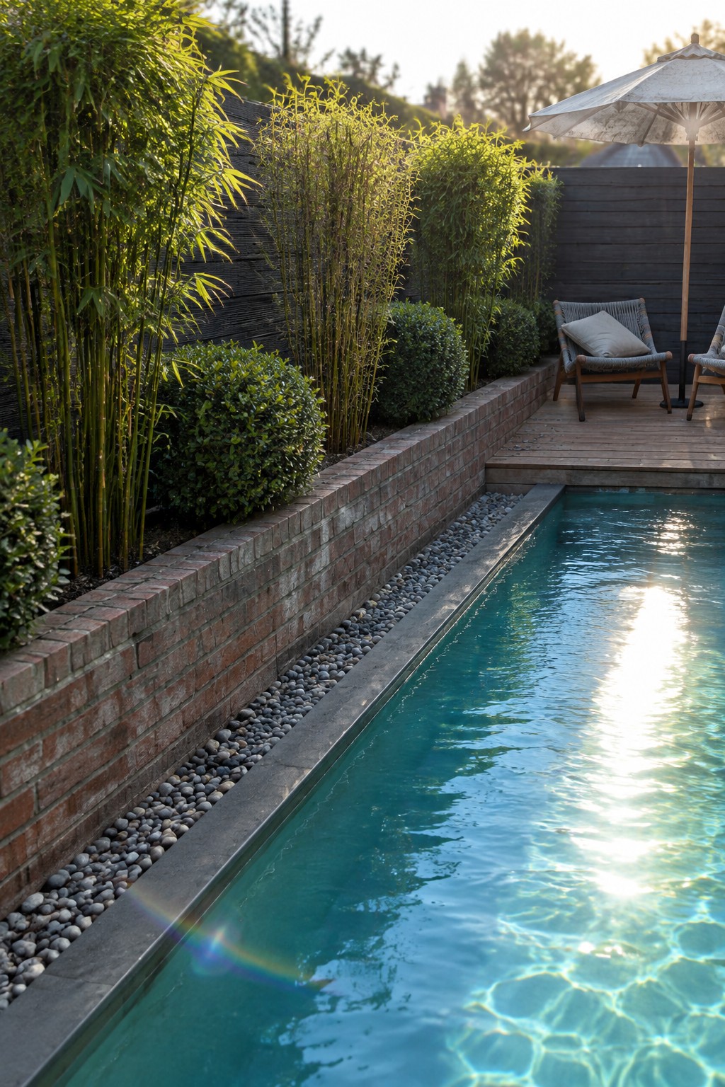 A rectangular pool with a long linear planting bed of tall grasses and shrubs along a brick wall, next to a wooden deck with two chairs and an umbrella.