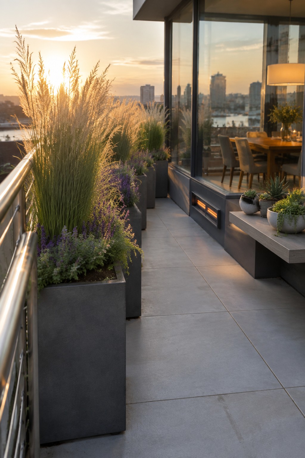 A modern balcony with a row of rectangular gray planters holding tall ornamental grasses and purple flowering plants at sunset, overlooking a city skyline.
