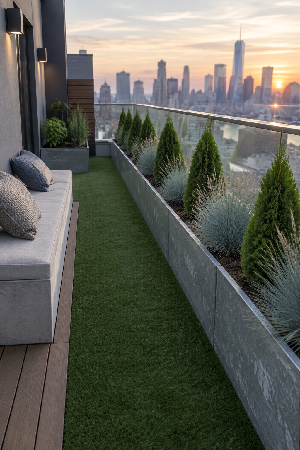 A modern balcony terrace with a long concrete linear planter holding repeated evergreen shrubs and blue grasses, artificial turf, a gray cushioned bench, and a city skyline view at sunset.