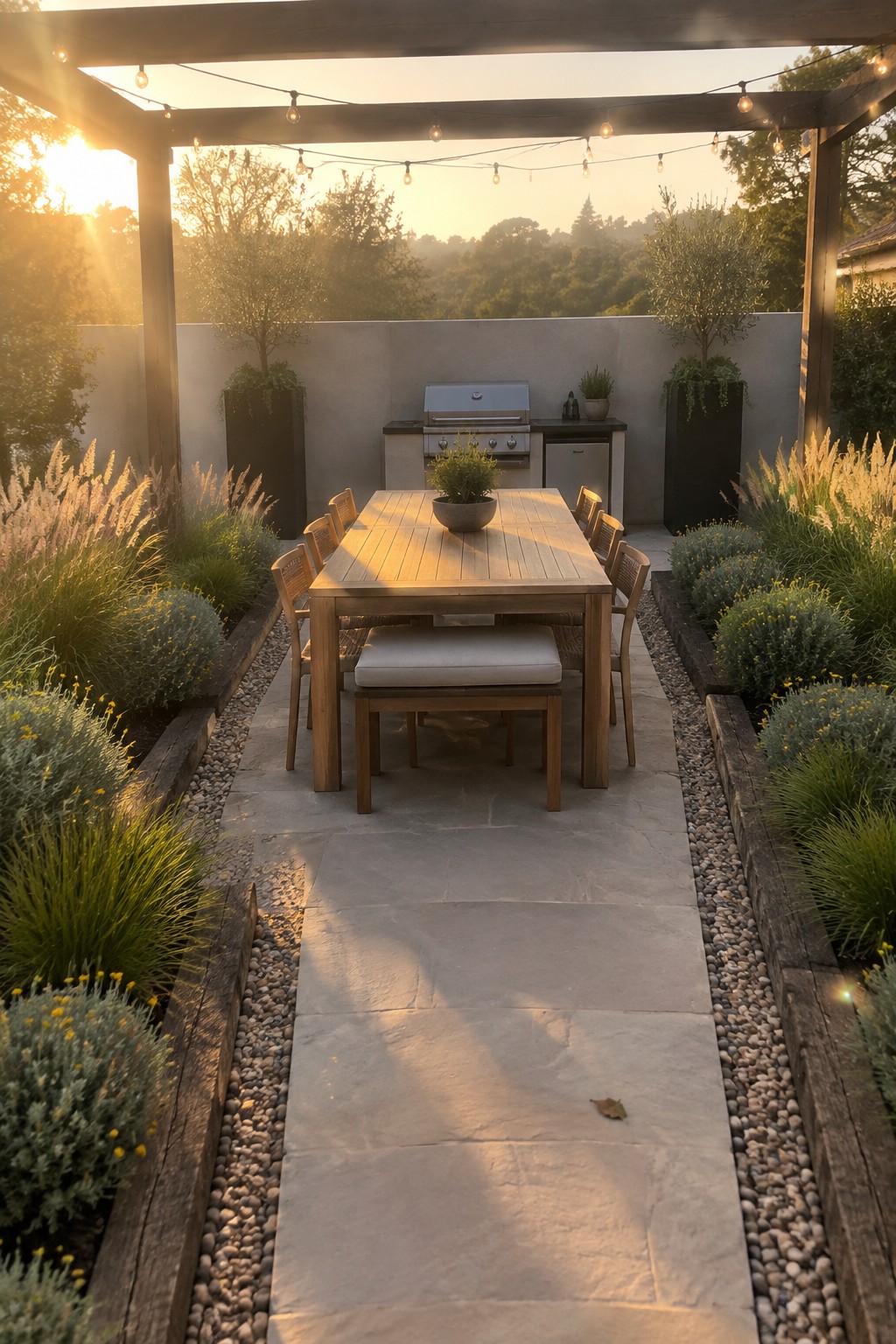 A long stone path runs between two narrow linear garden beds edged in wood and planted with repeated shrubs and grasses, leading toward an outdoor dining table and grill area.