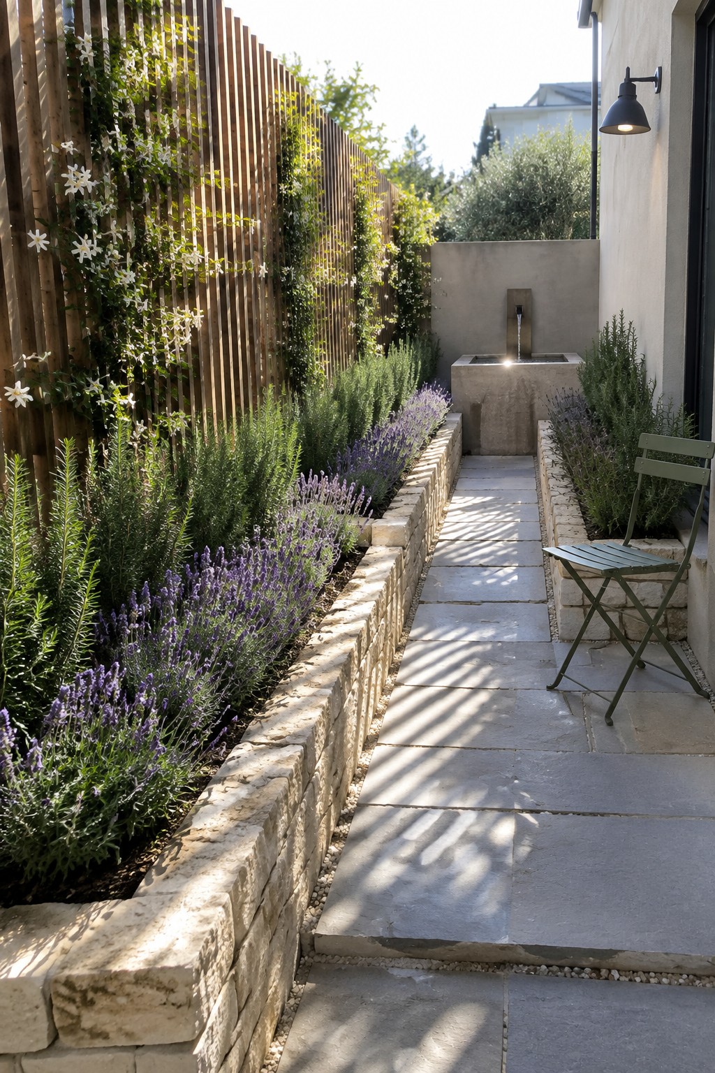 Sunlit stone path bordered by lavender beds, wooden fence, and concrete fountain with green chair.