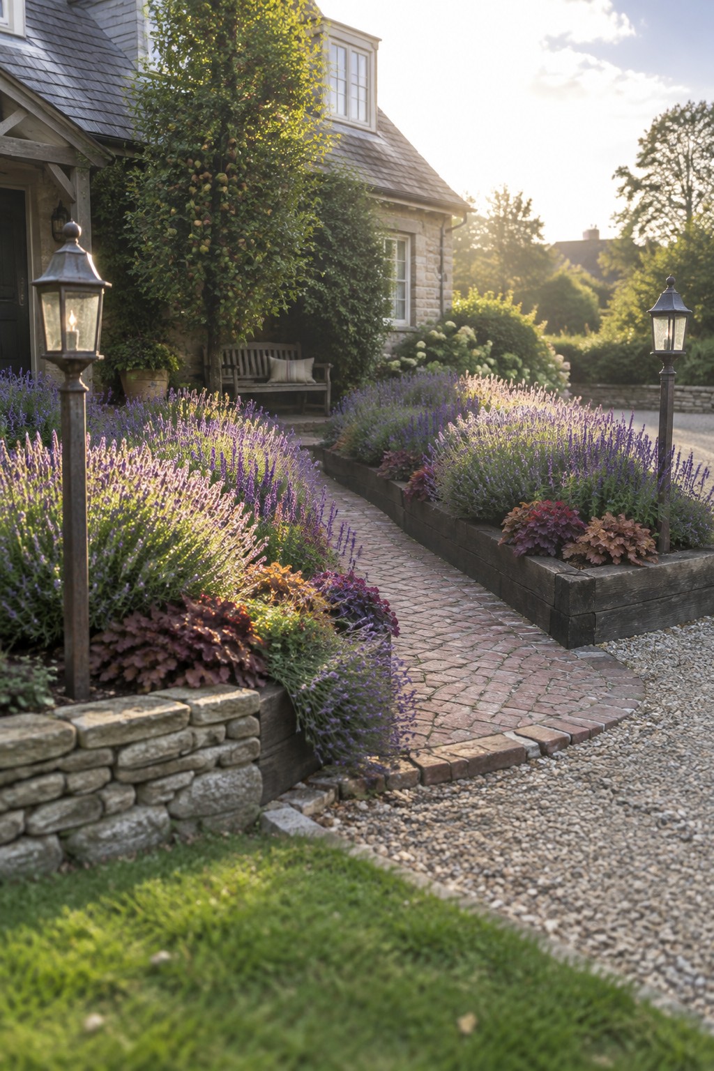 Stone cottage garden with lavender beds, brick path, and glowing lanterns at sunset