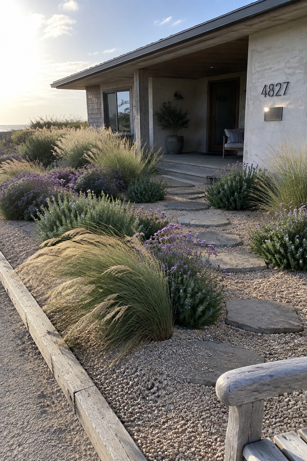 Modern beach house entrance with stepping stones amid purple flowers and tall grasses