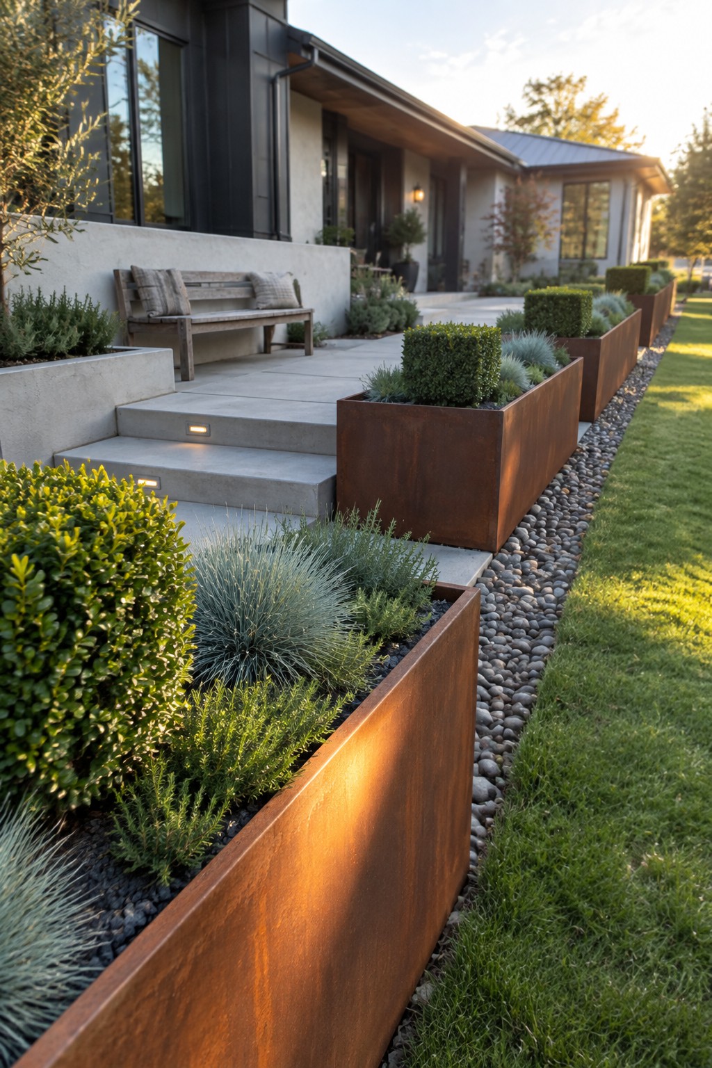 Modern house with rusted metal planters, shrubs, concrete patio, and wooden bench at dusk.