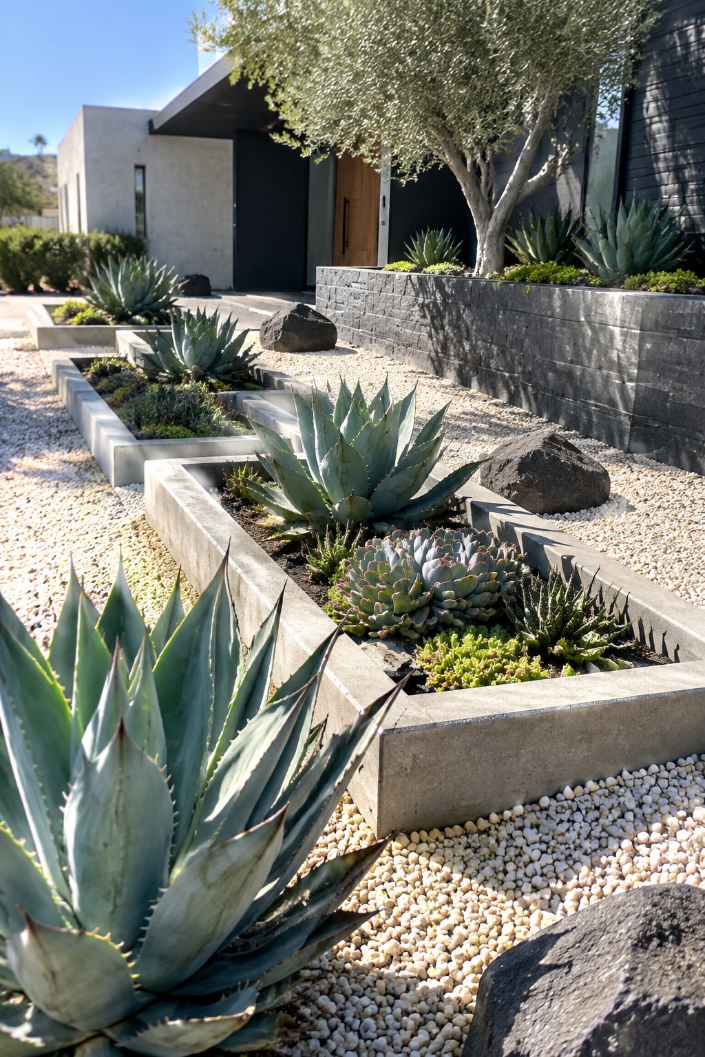 Modern garden with rectangular concrete planters holding large agave plants and clusters of smaller succulents, set in gravel with dark rocks.