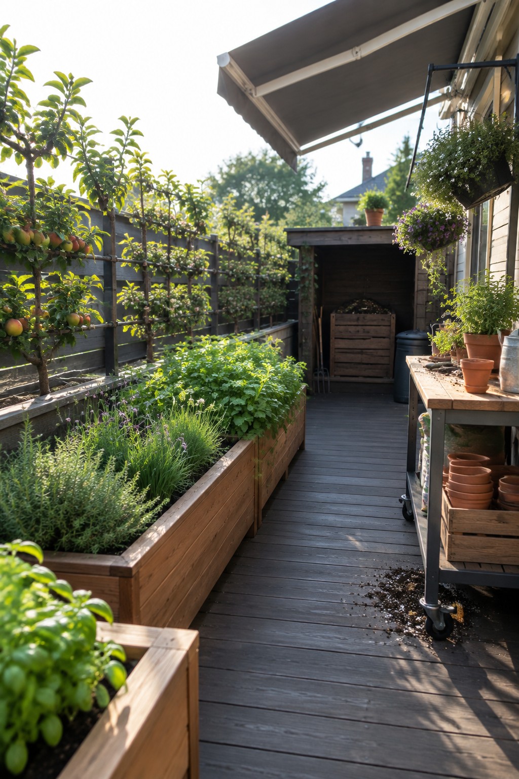 Sunlit wooden deck with raised garden beds, apple trees, and potting table.