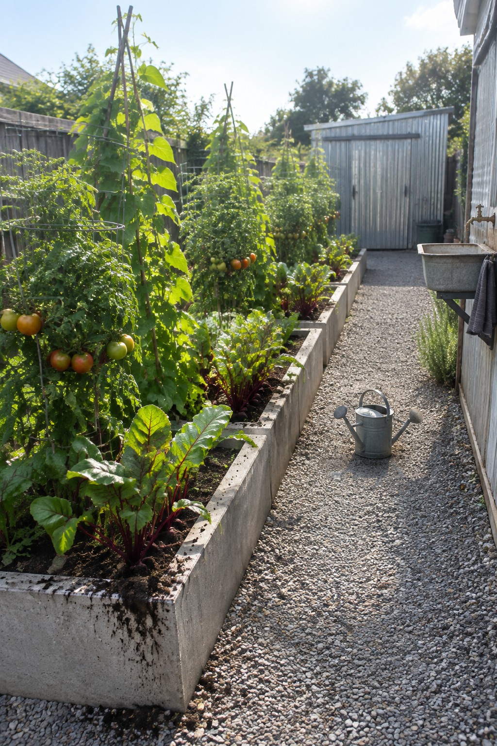 Long rectangular concrete raised beds with rows of tomato plants and leafy greens line a gravel garden path.