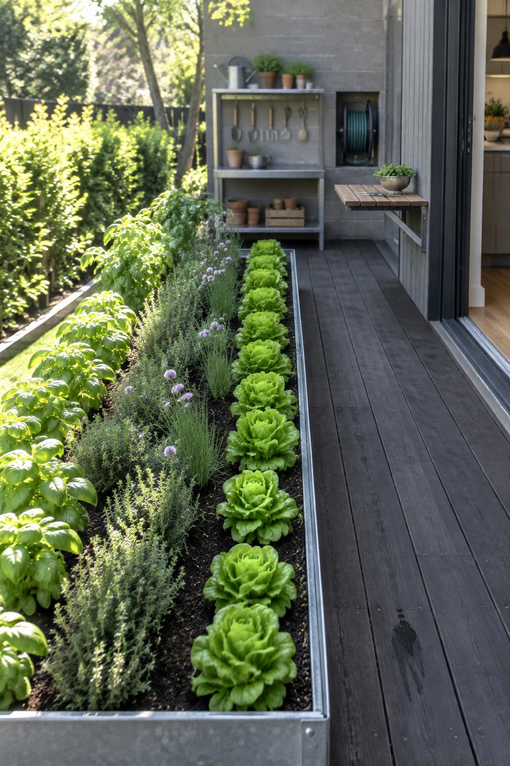 Long raised bed of basil, lettuce, and flowering herbs on wooden deck