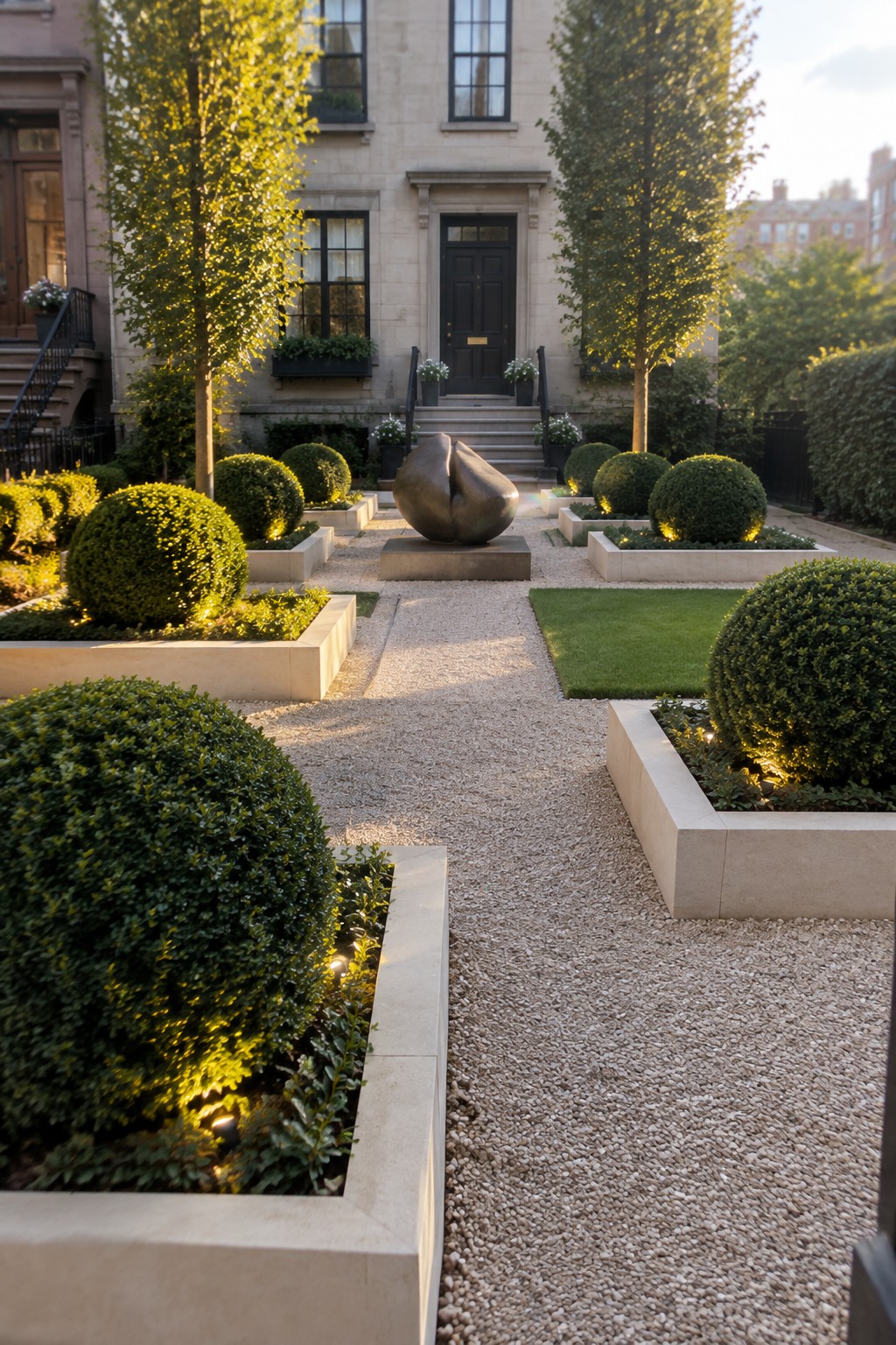Elegant garden with gravel path, spherical shrubs in planters, abstract sculpture before stone building