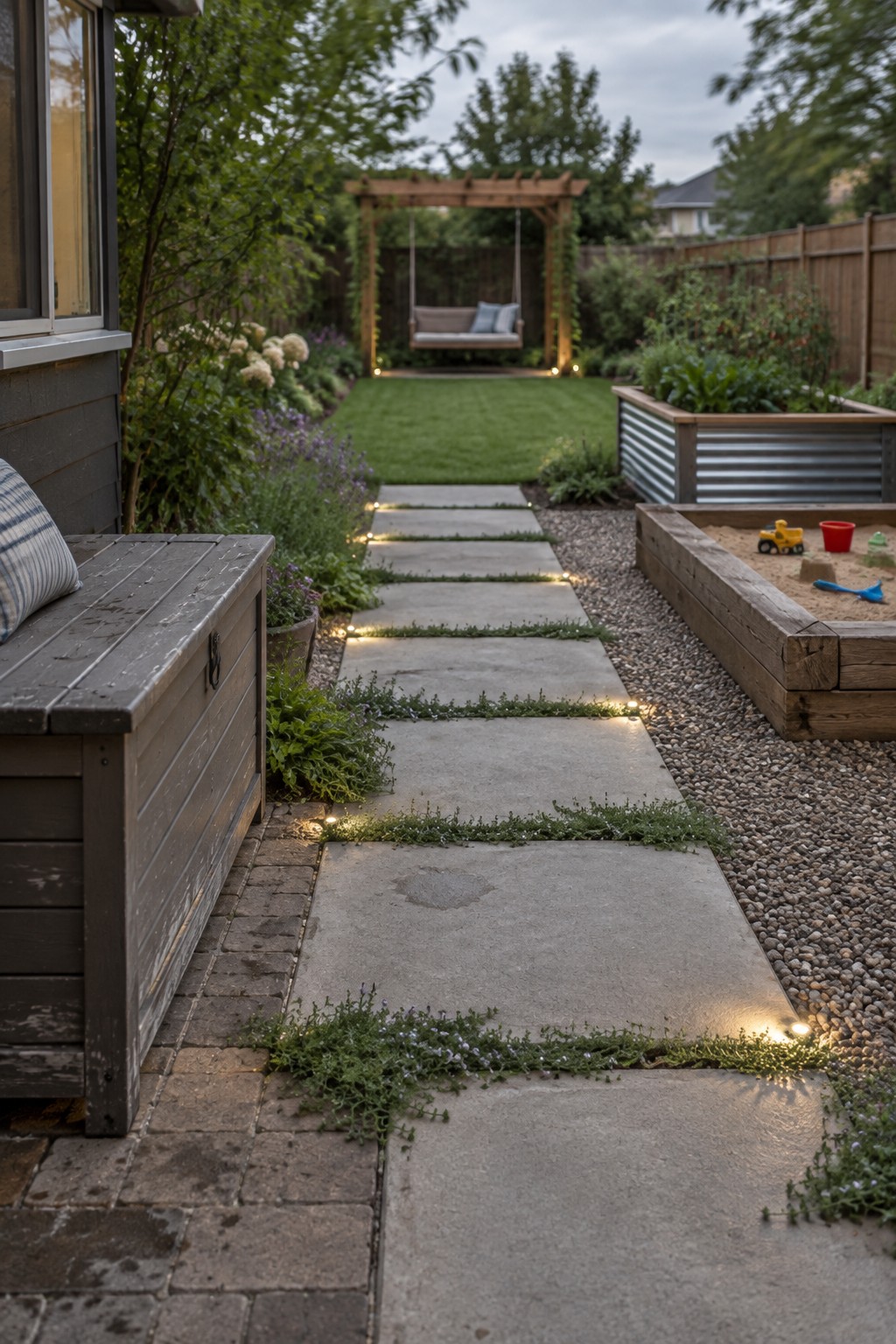 A backyard path of large concrete pavers with small lights set into the joints between slabs, bordered by gravel and low plants.