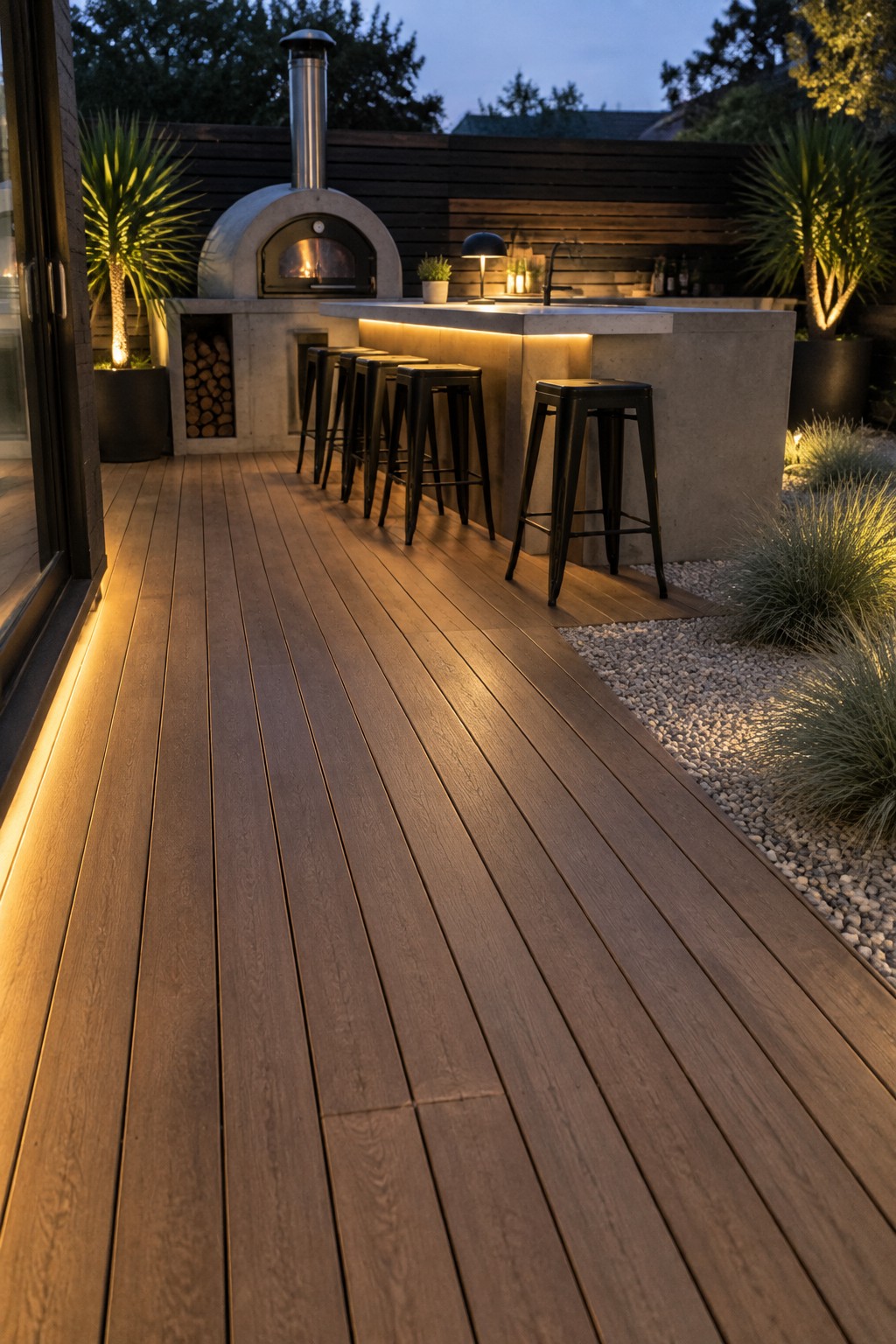 A wooden deck at dusk with glowing linear lights along the left edge and under a concrete outdoor bar with black stools, a pizza oven, and surrounding plants.