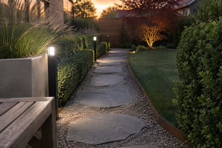 A stone stepping path set in gravel runs between shrubs and a modern house, lit by several black bollard lights at dusk.