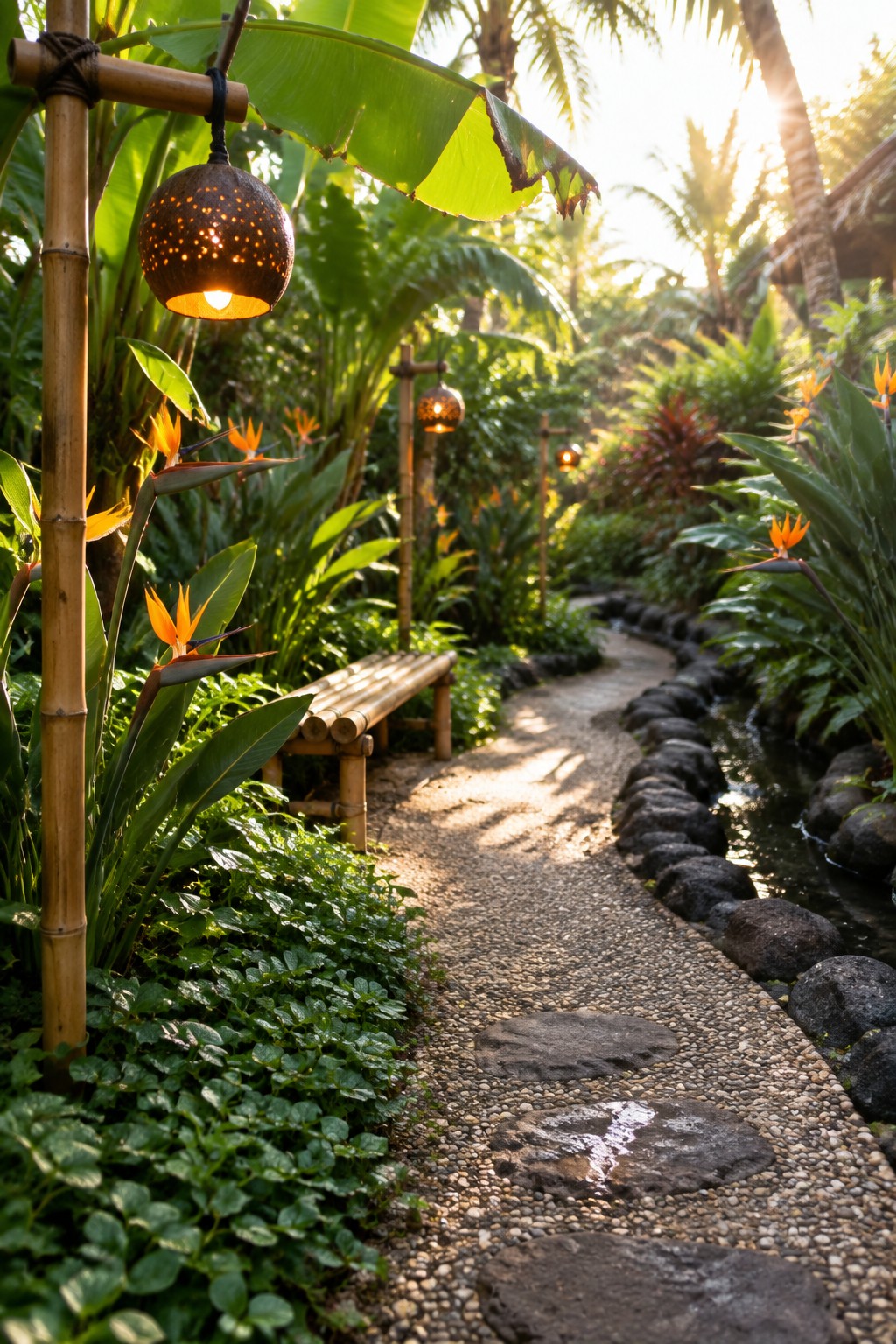 A winding garden path made of gravel and stepping stones, lined with bamboo poles holding hanging lanterns, next to tropical plants and a small stream.