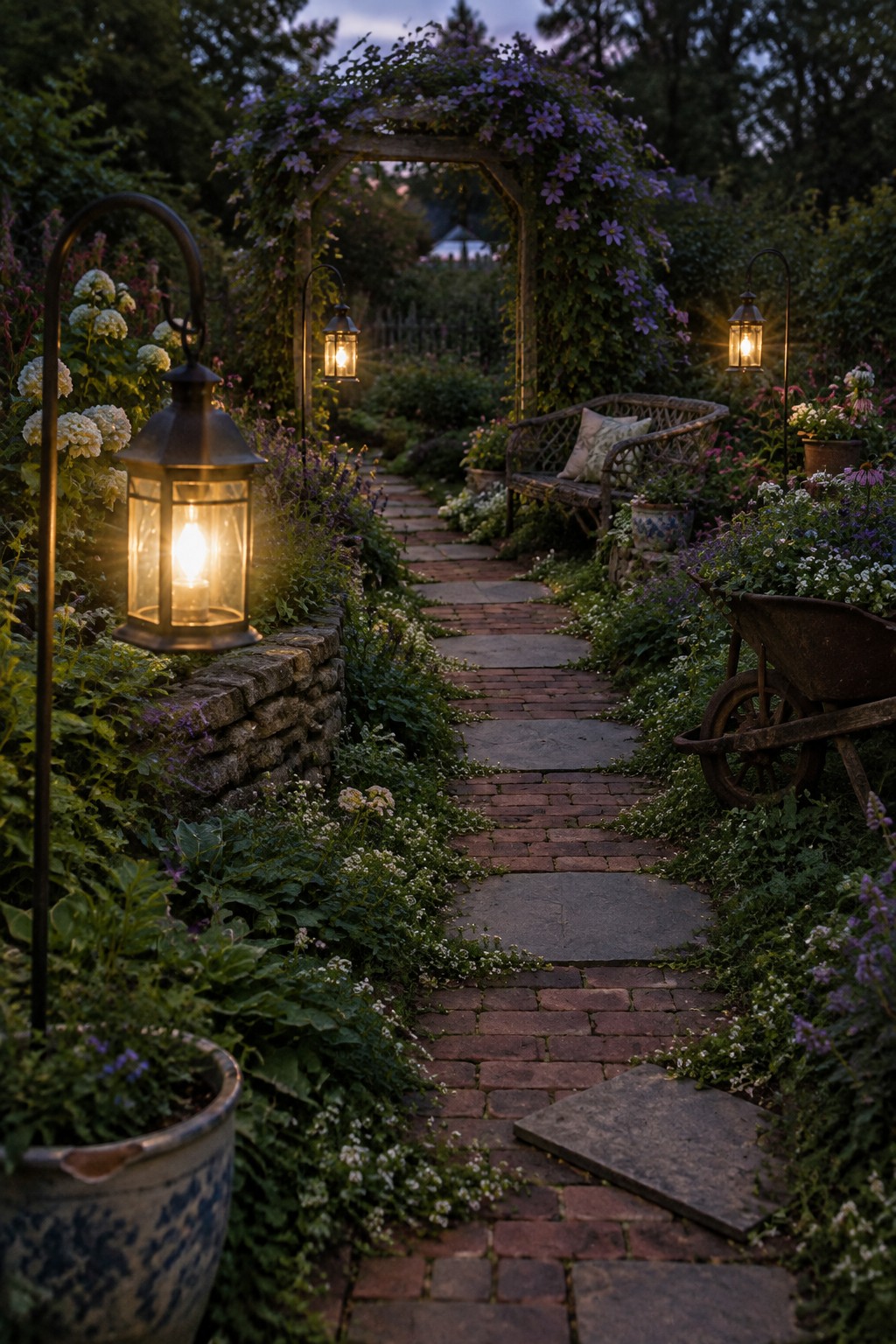A brick garden path lined with vintage lanterns on poles, surrounded by flowers and greenery at dusk.