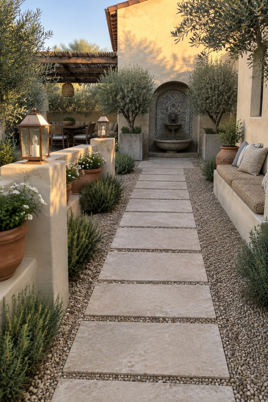 A narrow garden path of rectangular stone pavers set in gravel, lined with terracotta pots and two glowing lanterns on low pillars, leading toward a tiled wall fountain.