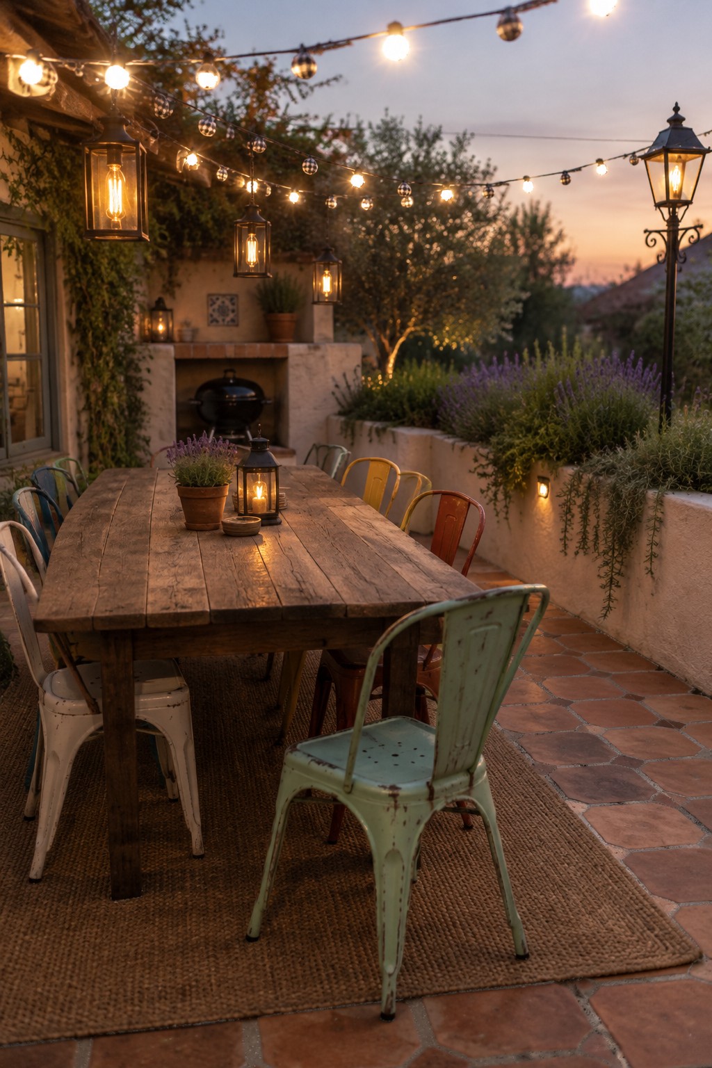 An outdoor wooden dining table with colorful metal chairs on a brick patio, lit by string lights and lanterns at dusk.