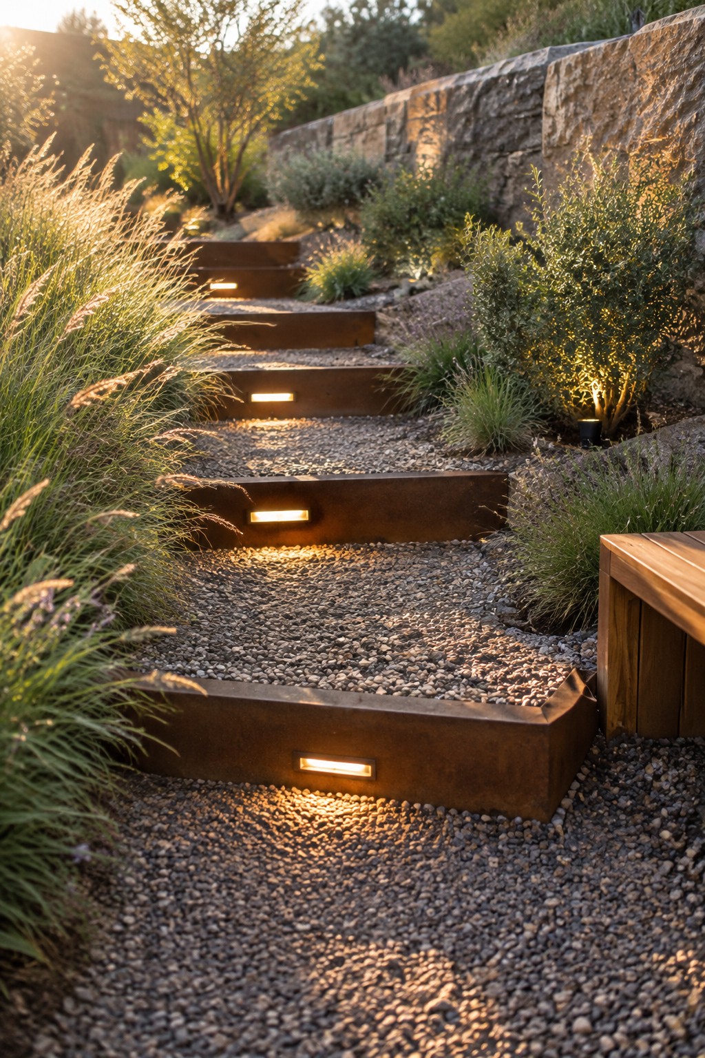 Gravel path with metal-edged steps featuring built-in rectangular lights, flanked by tall grasses and a stone retaining wall.