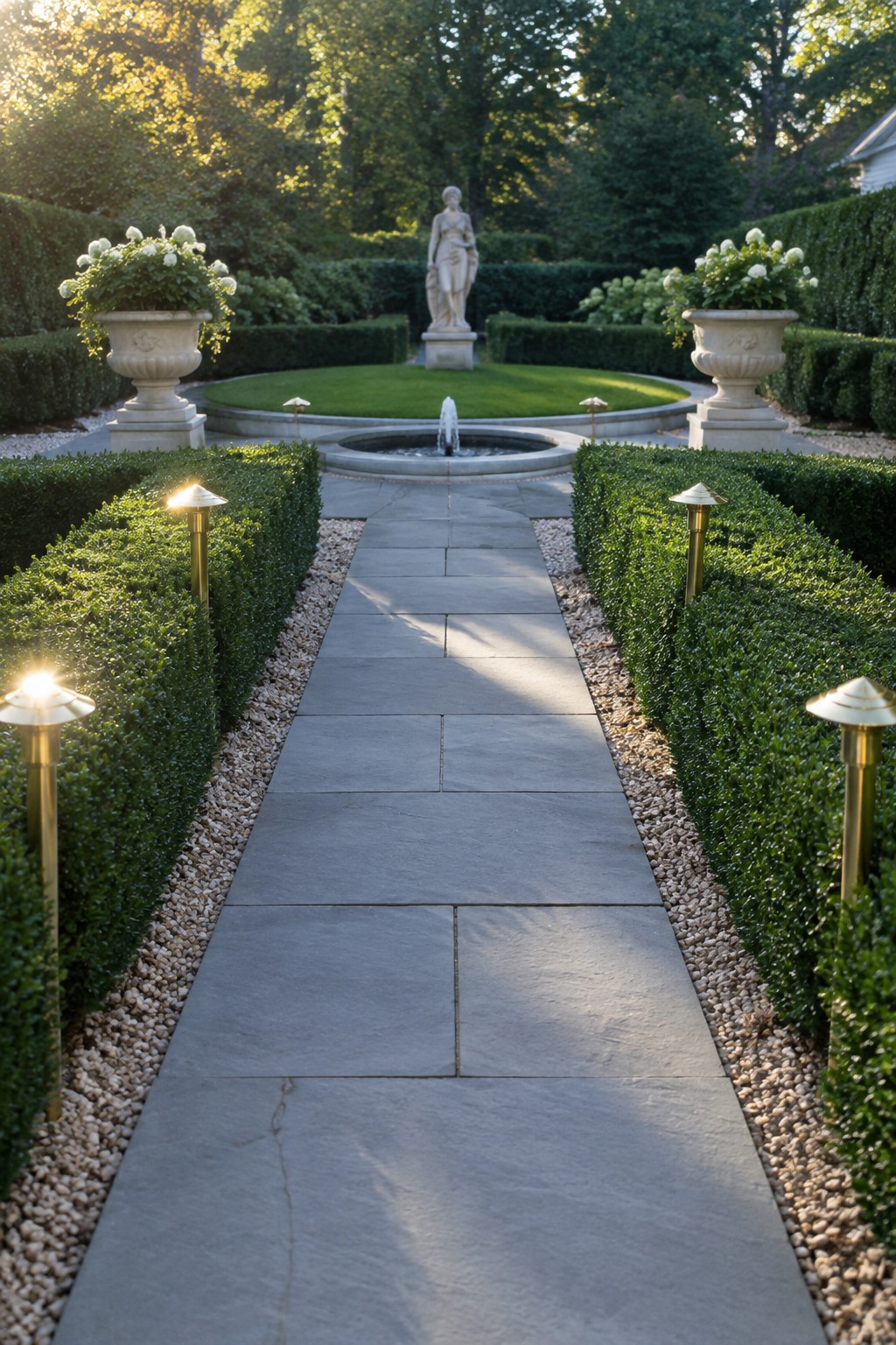 Stone pathway flanked by lit hedges, urns, fountain, and distant statue in garden