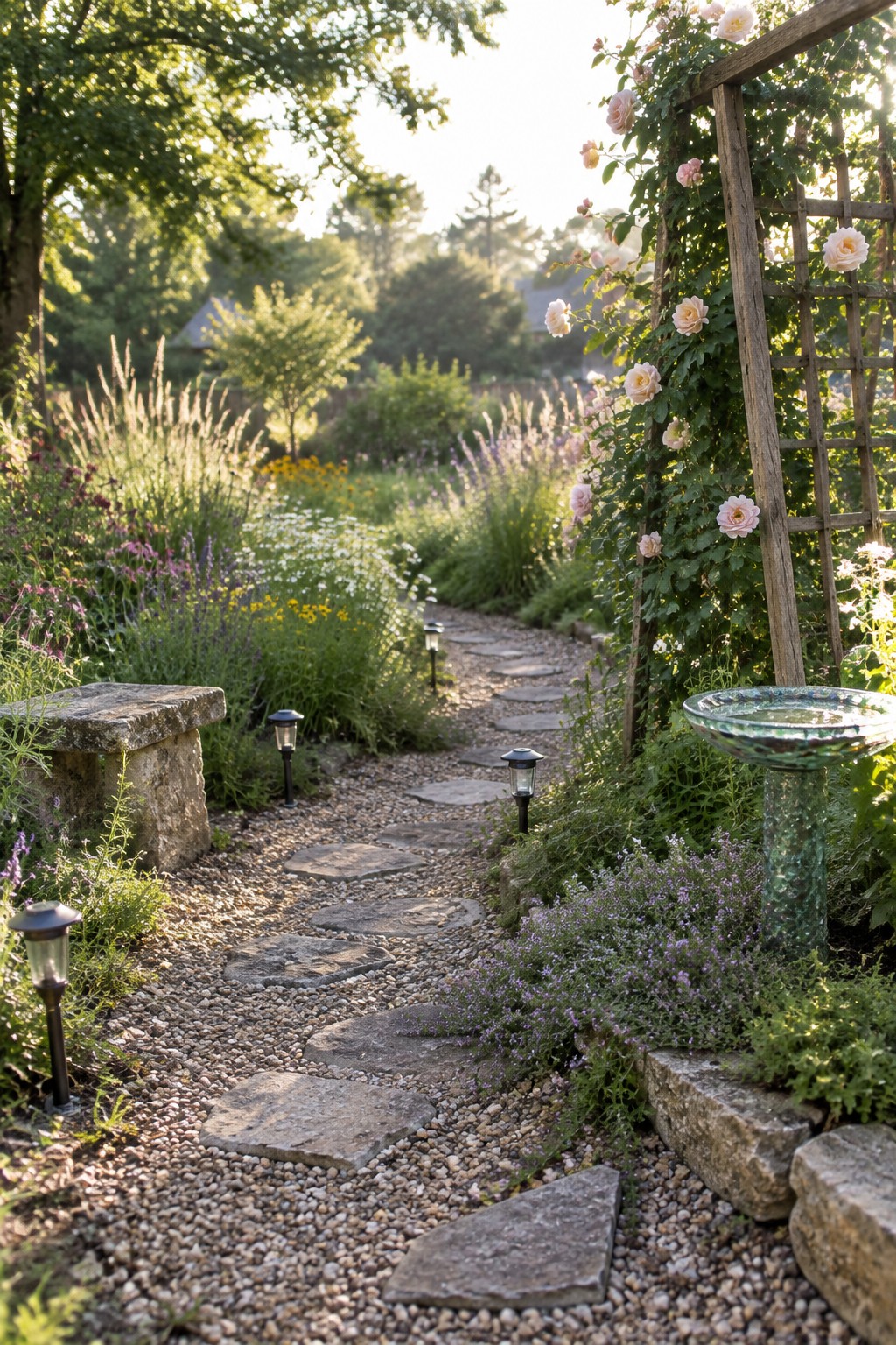 A winding garden path of flat stones set in gravel, lined with small black solar lights and bordered by flowering plants, a stone bench, and a wooden trellis with climbing roses.