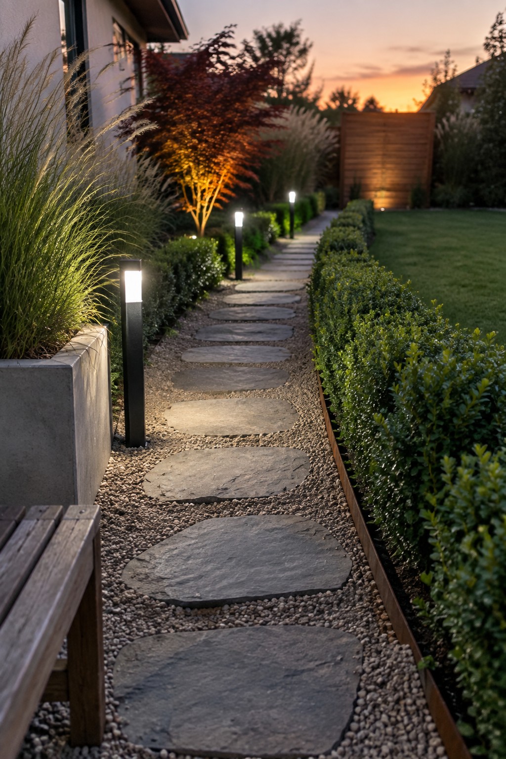 A stone stepping path set in gravel runs between shrubs and a modern house, lit by several black bollard lights at dusk.