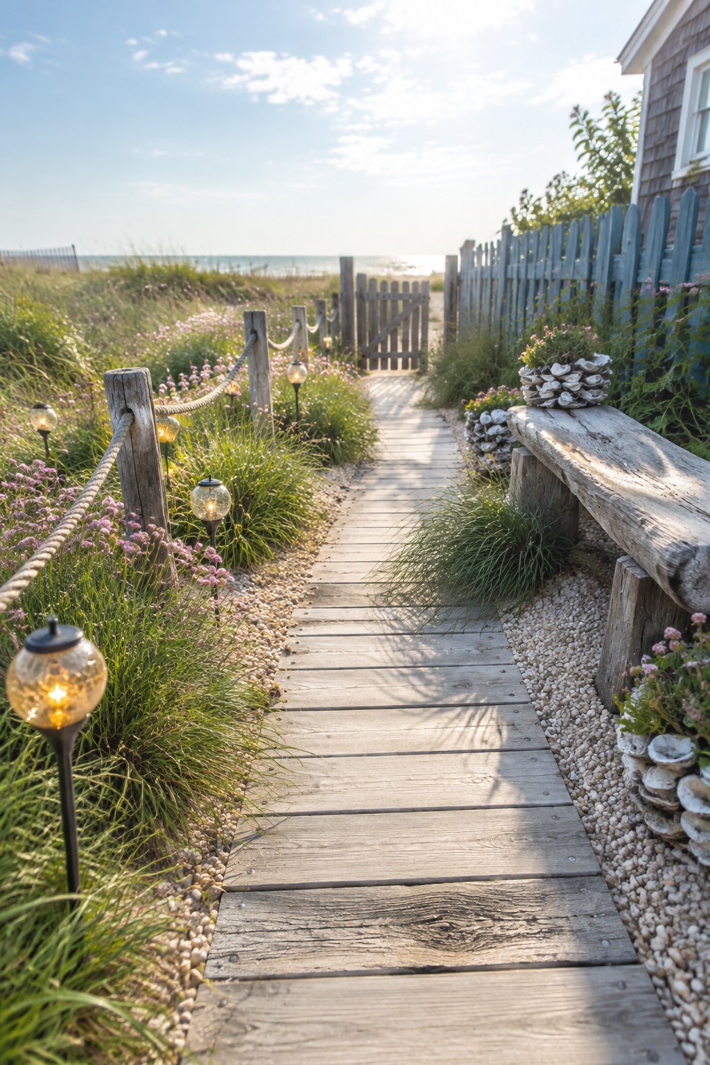 A wooden boardwalk path bordered by grasses and flowers is lined with low glowing stake lights leading toward the ocean.