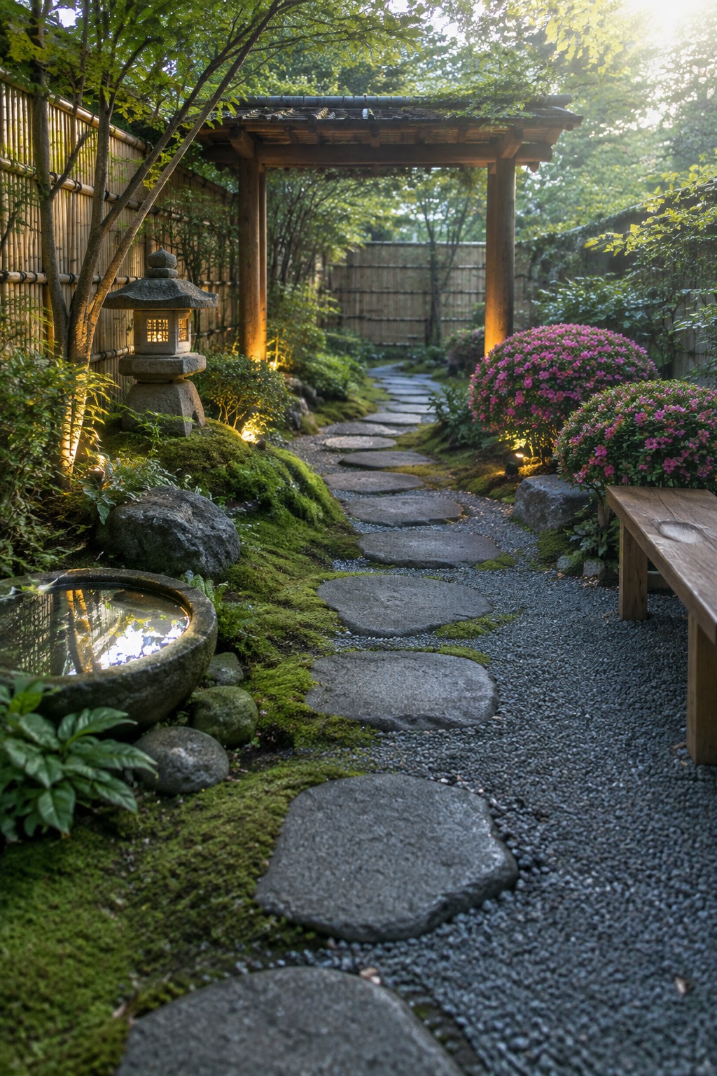 A stone lantern glowing beside a winding path of large stepping stones set in gravel and moss, with pink flowering shrubs and a wooden garden arch in the background.