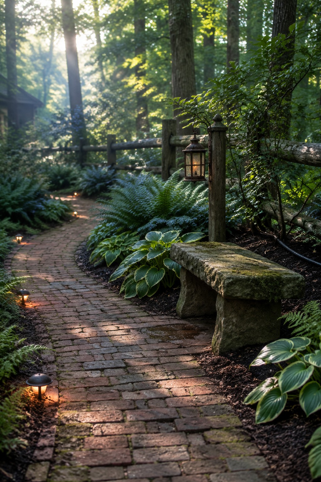 A brick garden path lined with small glowing lights, a mossy stone bench, and a lantern on a wooden post surrounded by ferns and hostas.