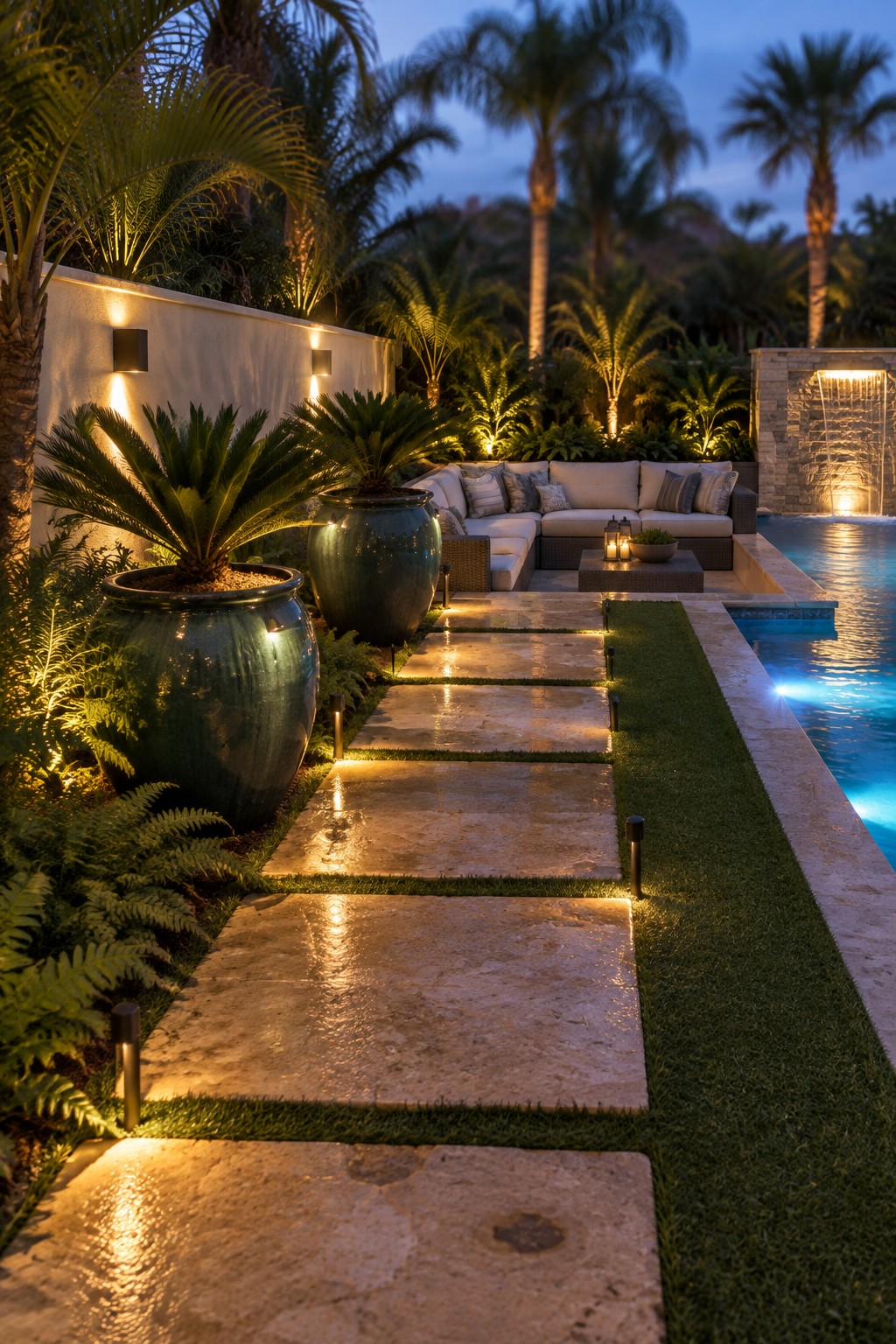 A stone path bordered by low path lights runs through large potted plants and grass toward a pool and outdoor seating area.