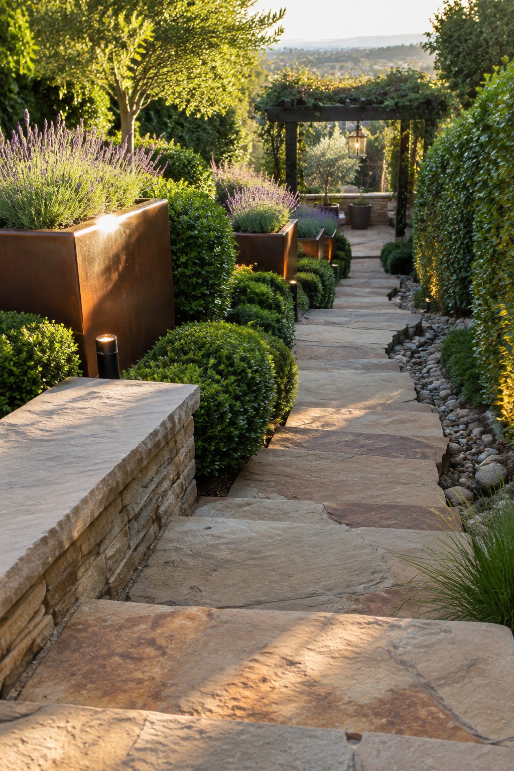 A stone pathway with wide steps runs through layered garden beds, with low black path lights placed beside the steps and a wooden pergola visible ahead.