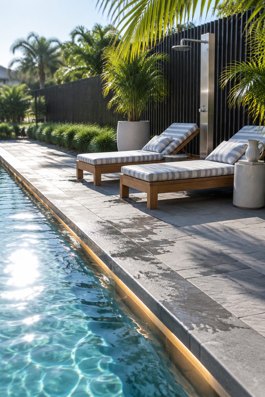 Two wooden lounge chairs with striped cushions beside a sunlit blue pool