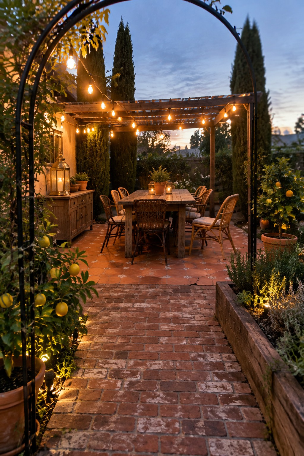 A brick path leads to a wooden pergola strung with lights over a dining table and chairs, with potted plants and trees around the edges at dusk.