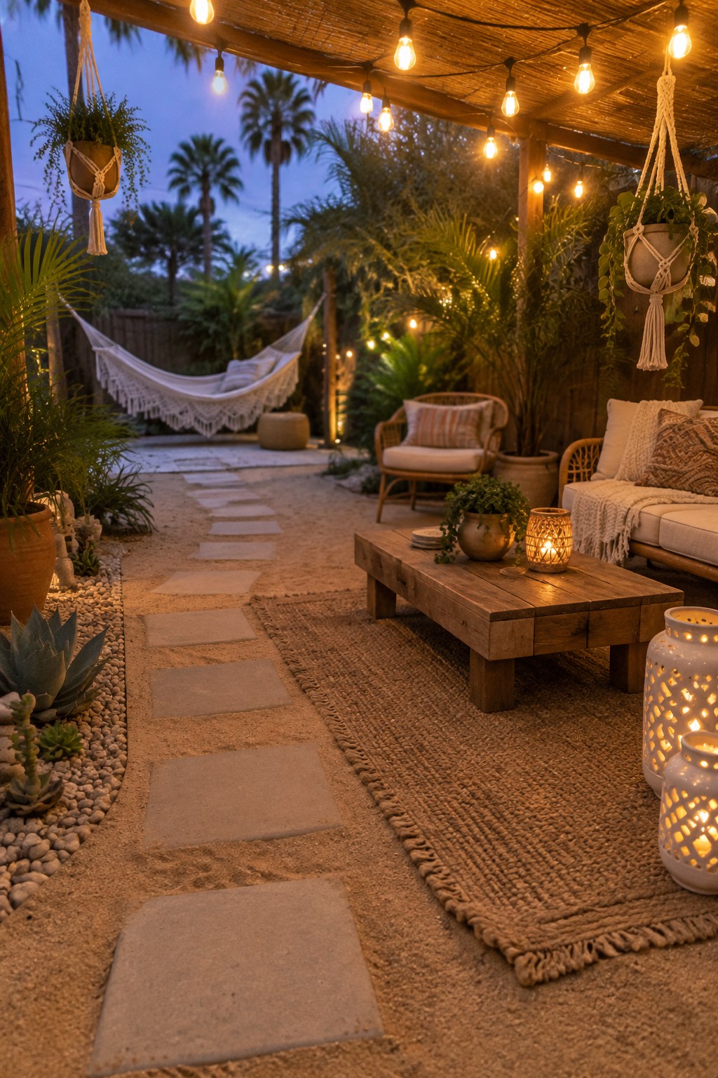 Outdoor patio with string lights strung across a wooden pergola, a low wooden table holding two lit lanterns, rattan seating, a hammock in the background, and a stone path bordered by plants.