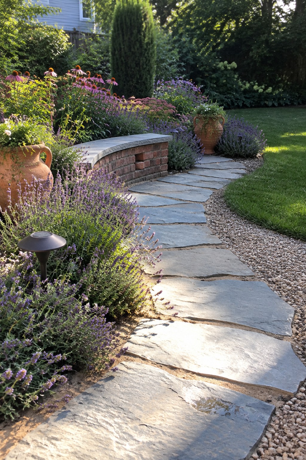 Stone path winds through garden with purple lavender and terracotta pots.