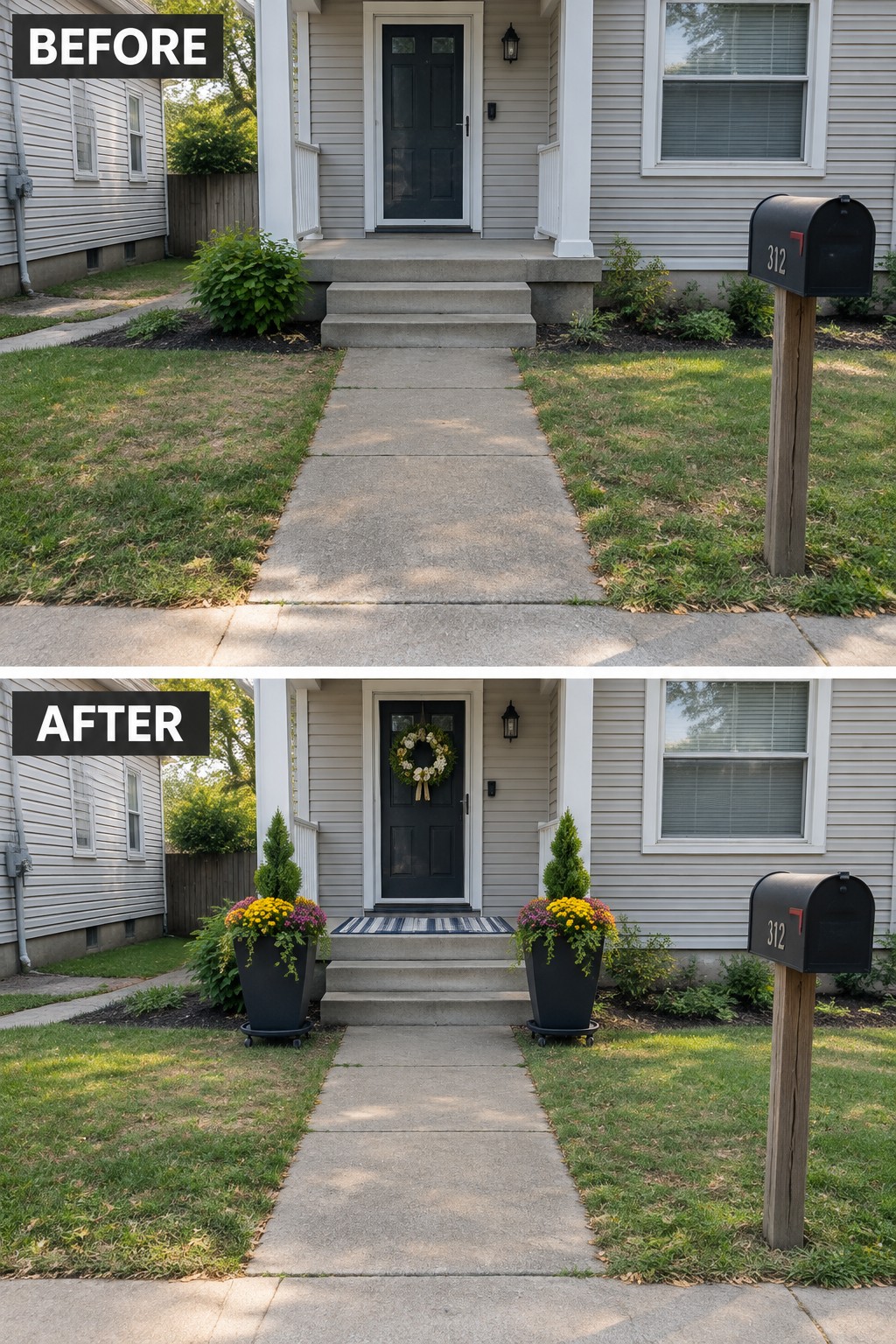 Before and after of house entrance with added potted flowers, wreath, and doormat.
