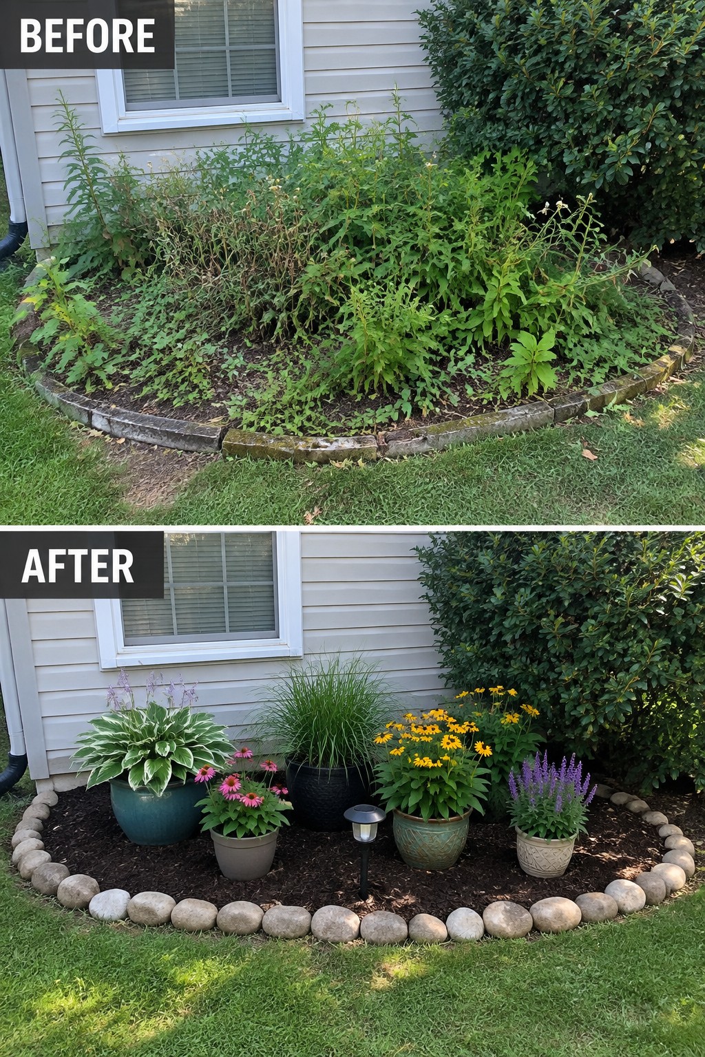 Before-and-after image of an overgrown garden bed changed into a tidy mulched area with potted plants and a simple stone border.