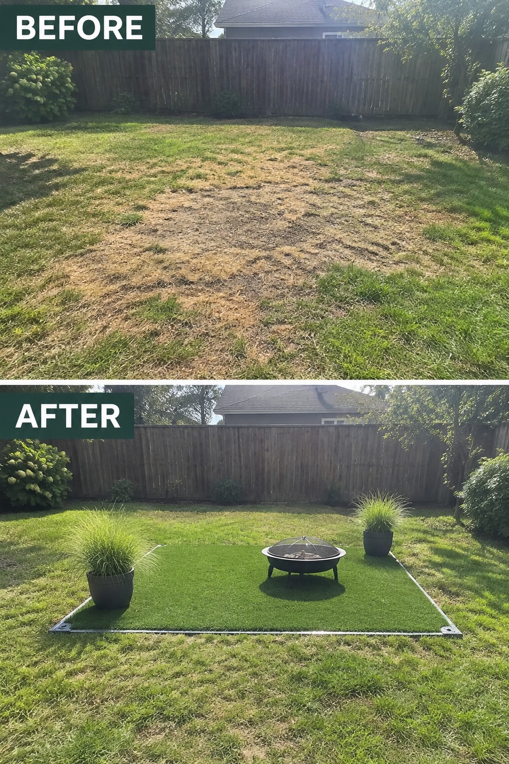 Before patchy lawn and after green artificial turf with fire pit and potted plants