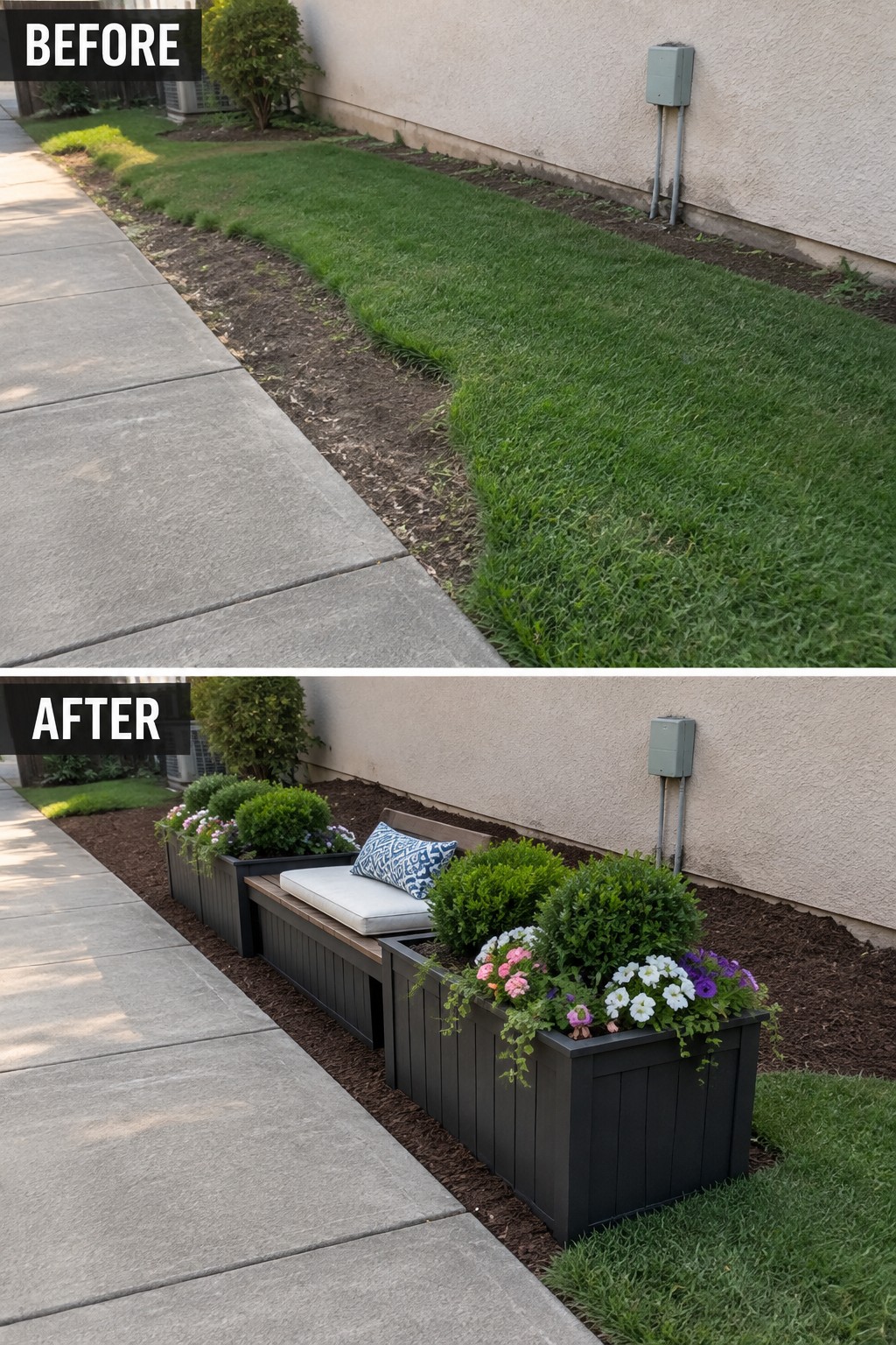 Before and after views of lawn strip transformed into flower planters with bench.