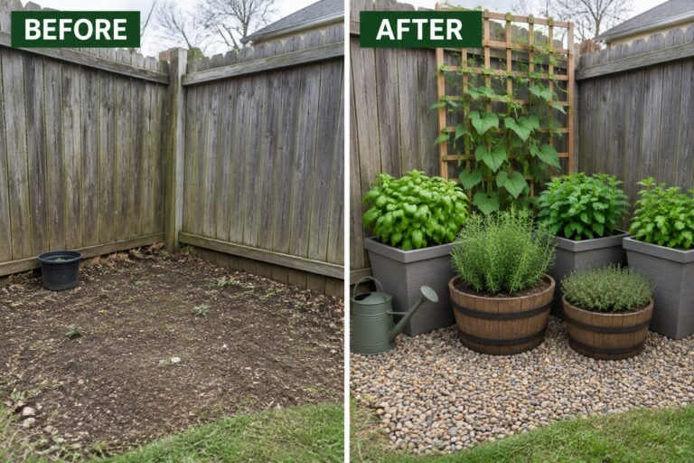 Before and after of fenced garden corner with potted herbs, trellis, and gravel.