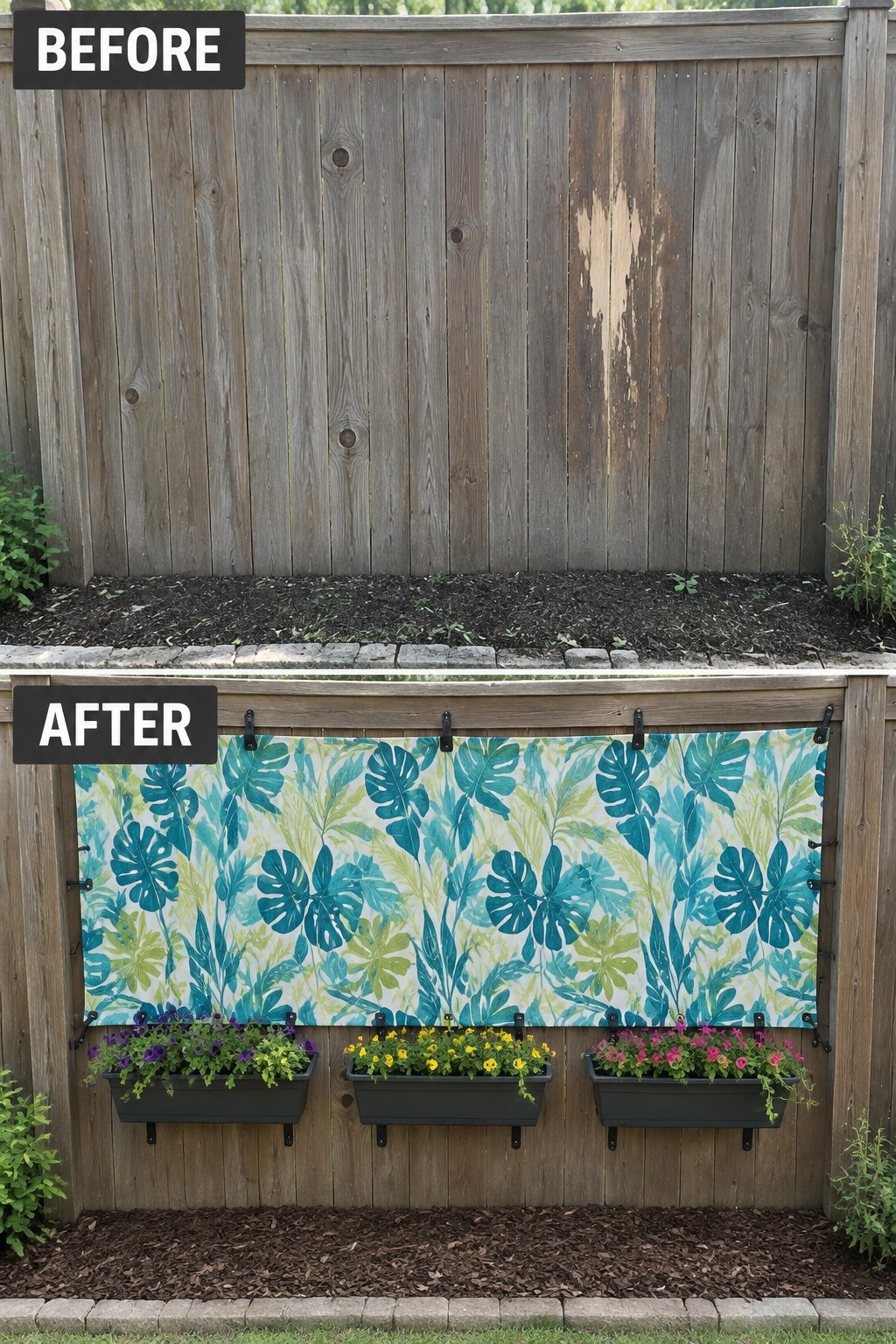 Wooden fence before and after with tropical leaf banner and hanging flower planters