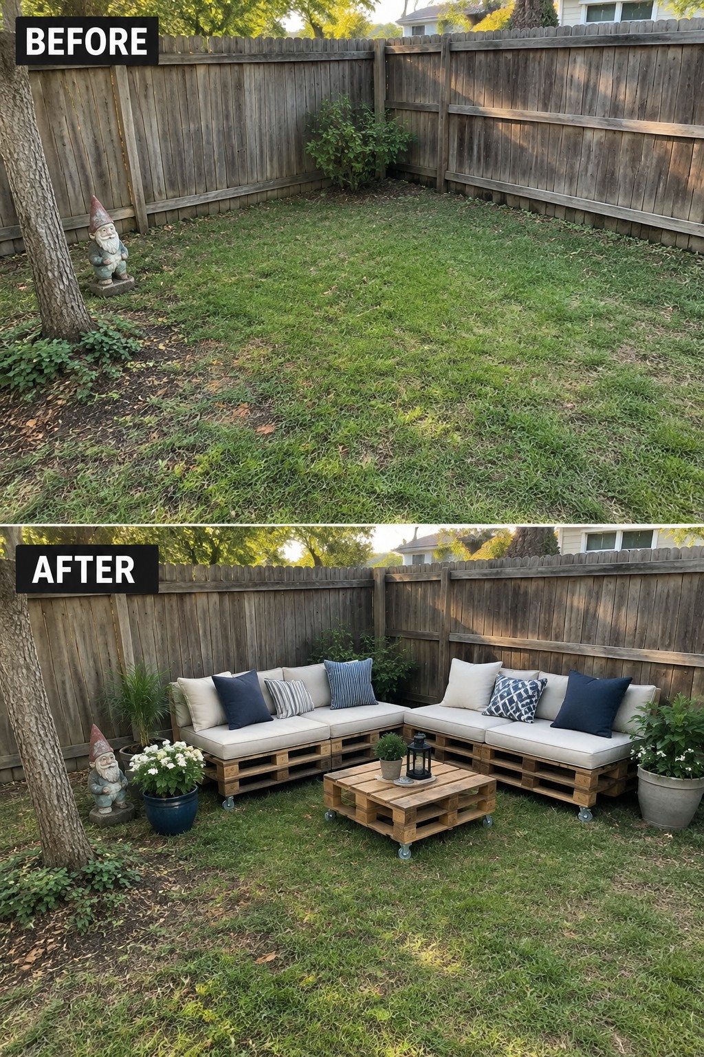 Before empty lawn and after with pallet sofa, cushions, and coffee table