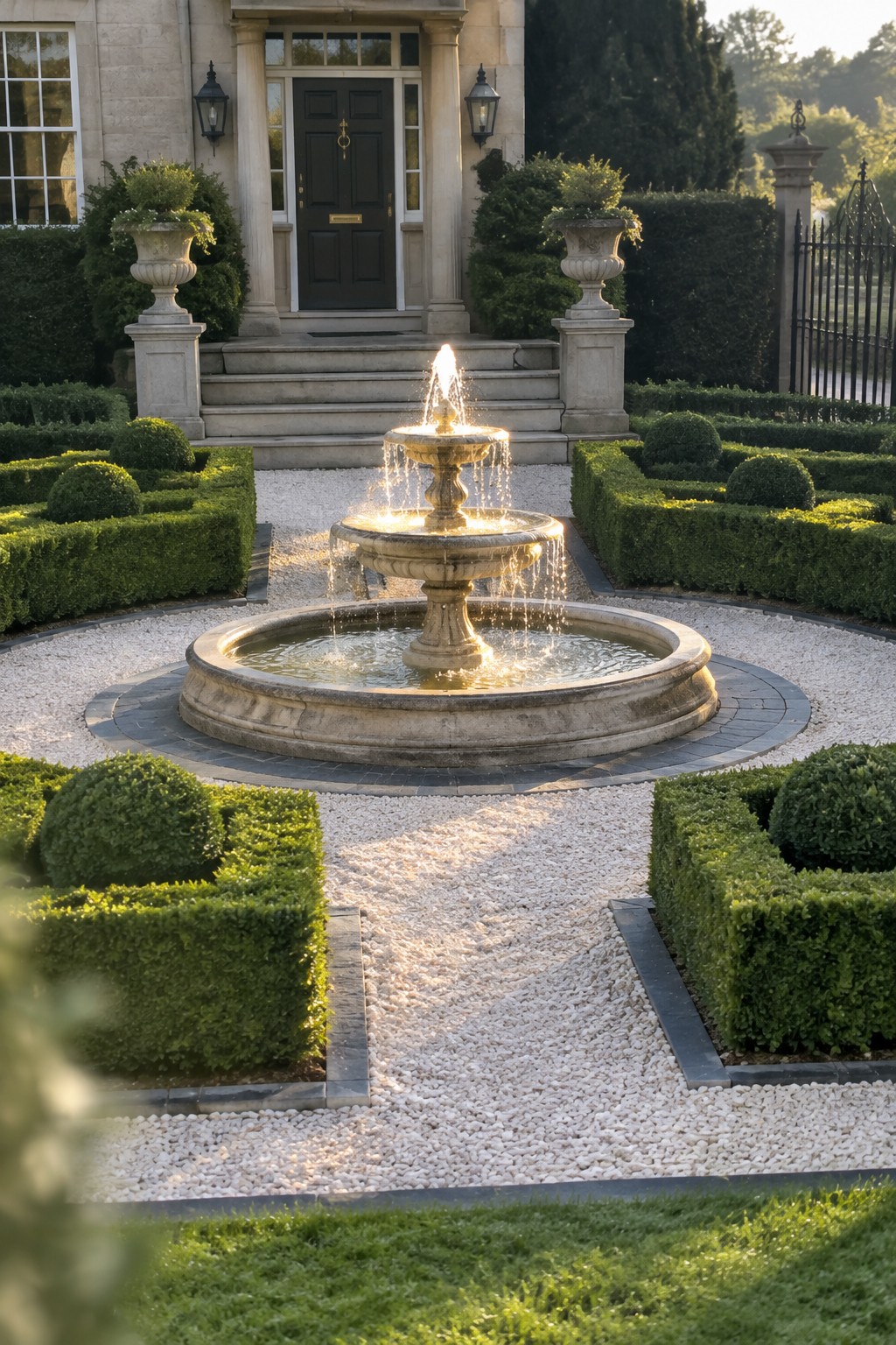 A multi-tiered stone fountain with flowing water sits in a circular gravel area bordered by trimmed boxwood hedges, with stone steps and a house entrance in the background.