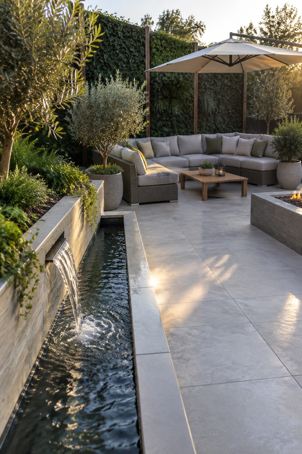A modern outdoor patio features a long rectangular water channel with a cascading waterfall on the left side, next to a gray sectional sofa, wooden coffee table, large umbrella, and concrete fire pit, bordered by potted plants and tall hedges.