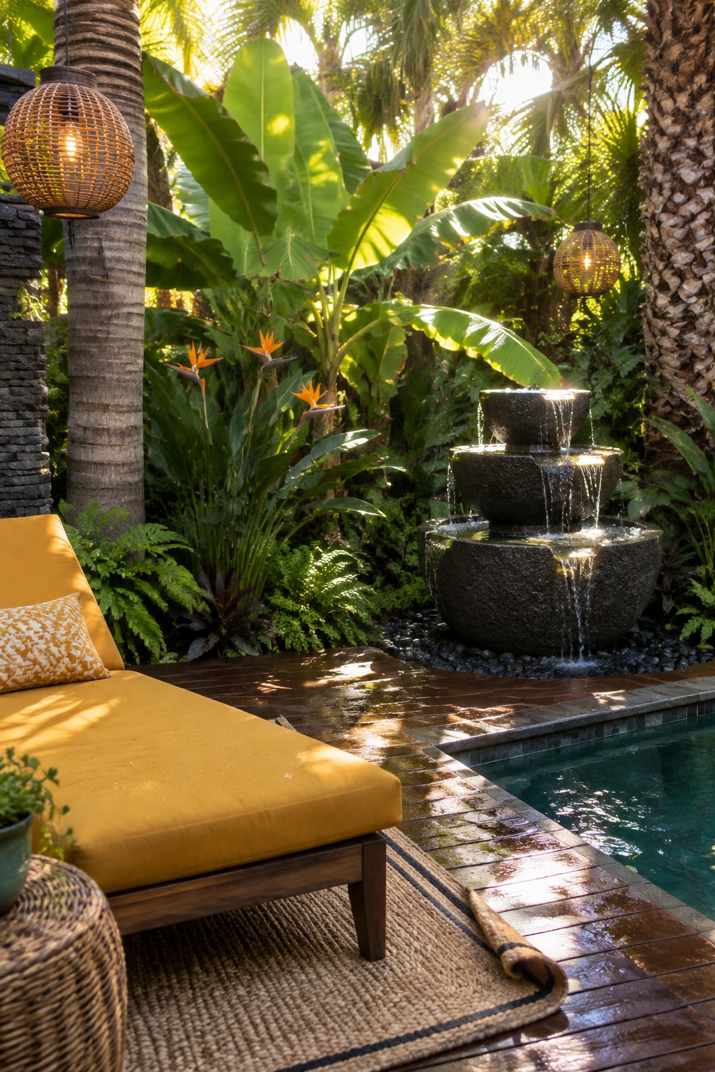 A three-tiered dark stone fountain sits on pebbles beside a swimming pool on a wooden deck, with a yellow lounge chair and tropical plants nearby.