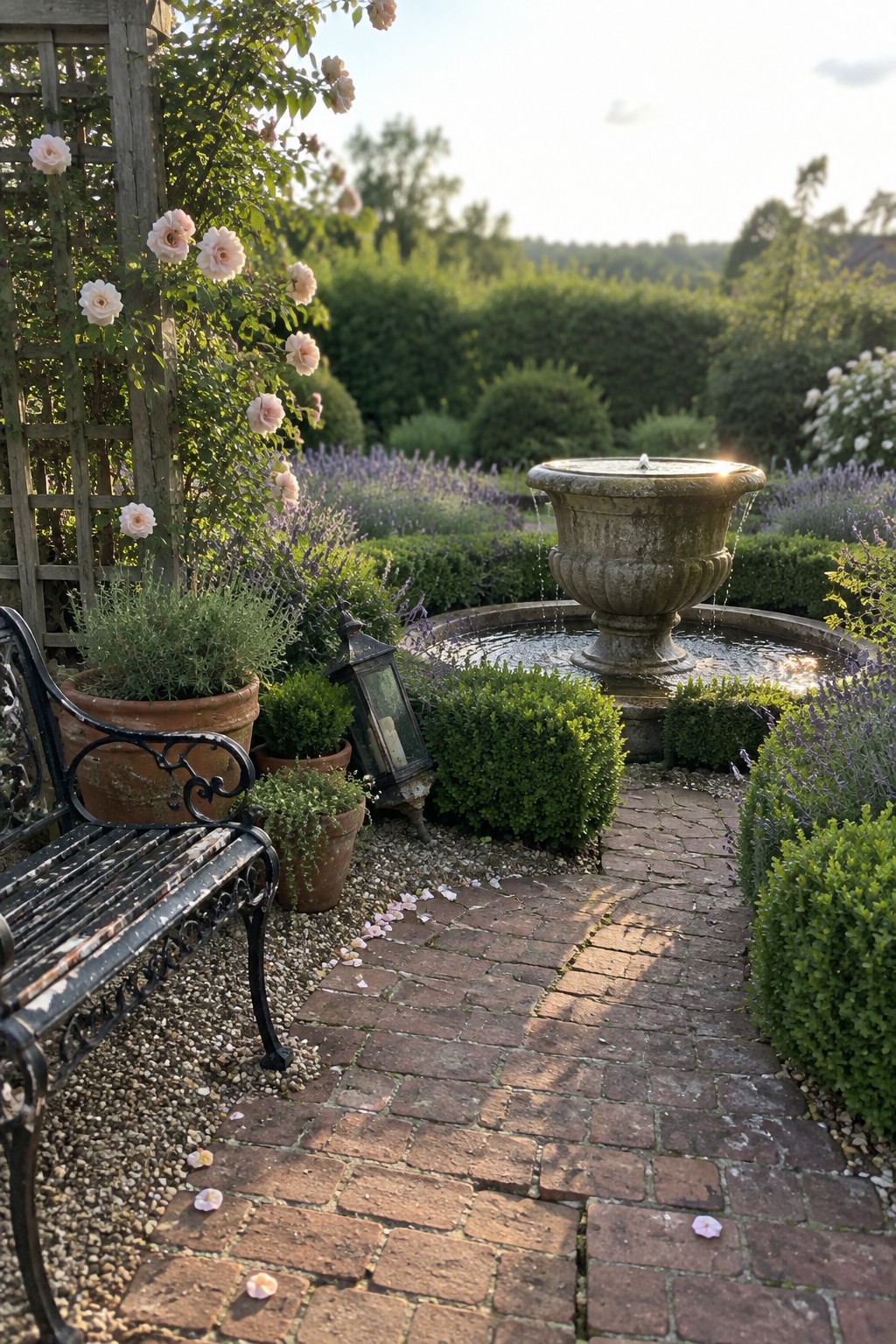 A weathered stone fountain with flowing water sits at the end of a brick garden path bordered by lavender, shrubs, and terracotta pots.