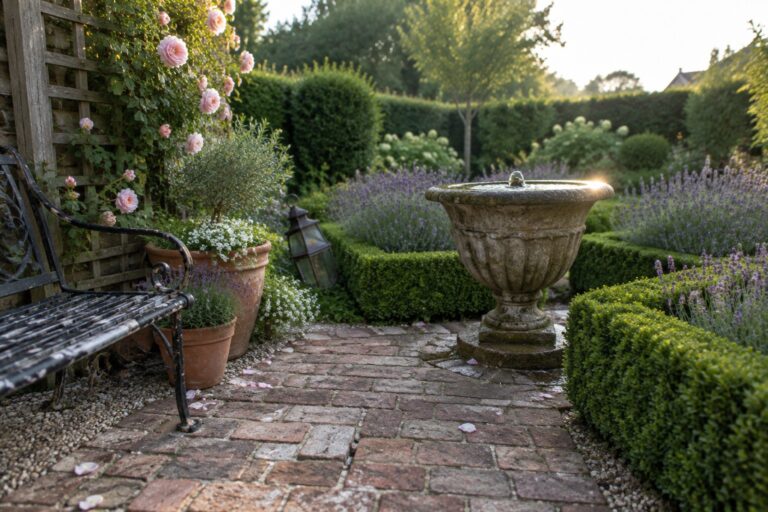 A weathered stone fountain with flowing water sits at the end of a brick garden path bordered by lavender, shrubs, and terracotta pots.