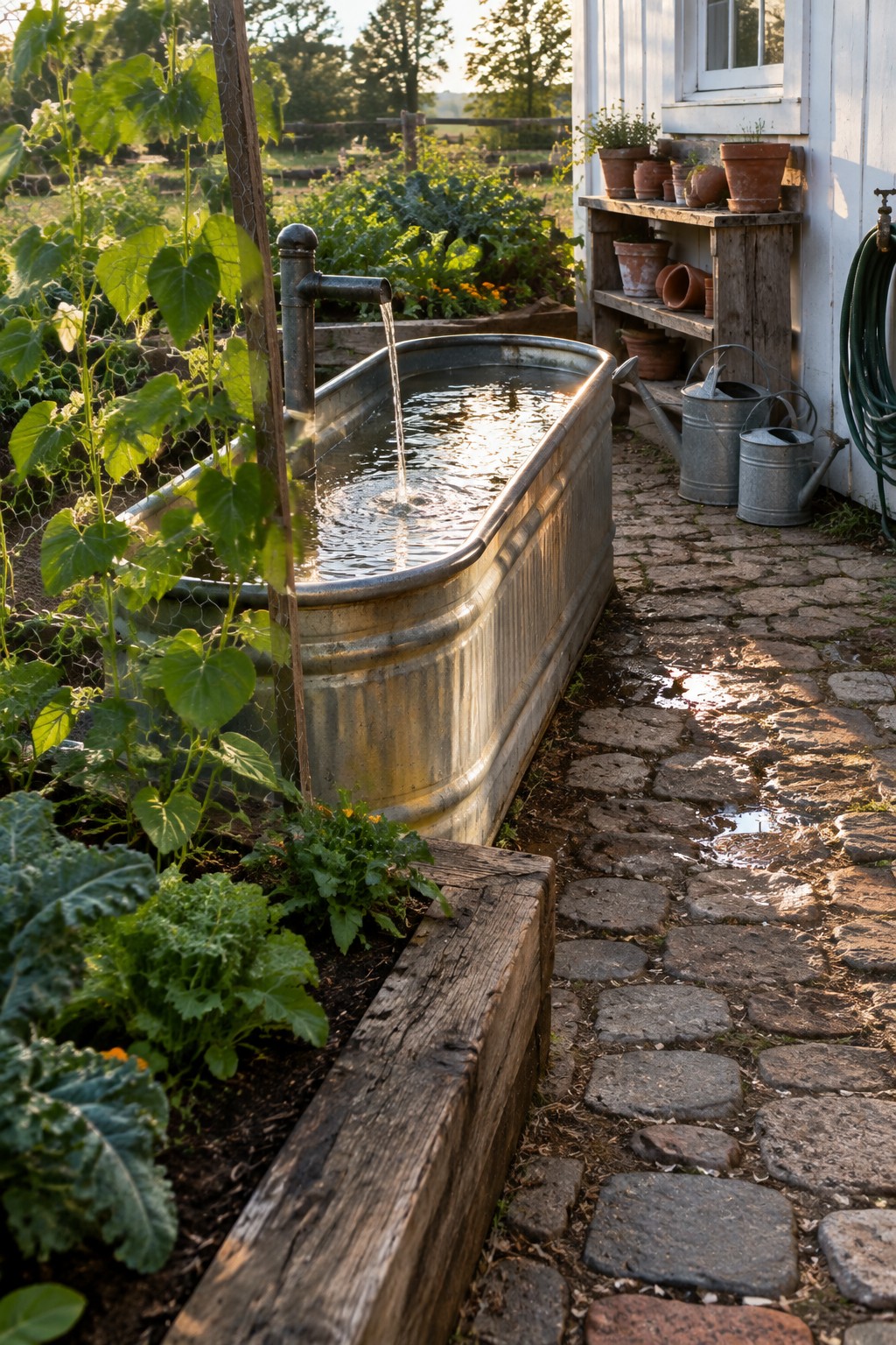 Metal trough with running water in garden beside cobblestone path and wooden shed