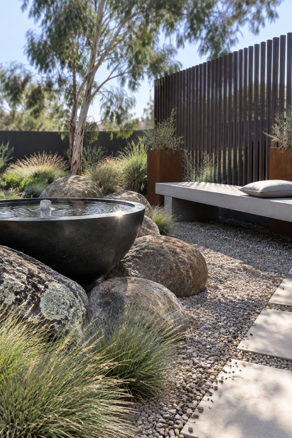 A black stone basin fountain with a small central spout sits among large rocks and gravel, next to a concrete bench and vertical fence.